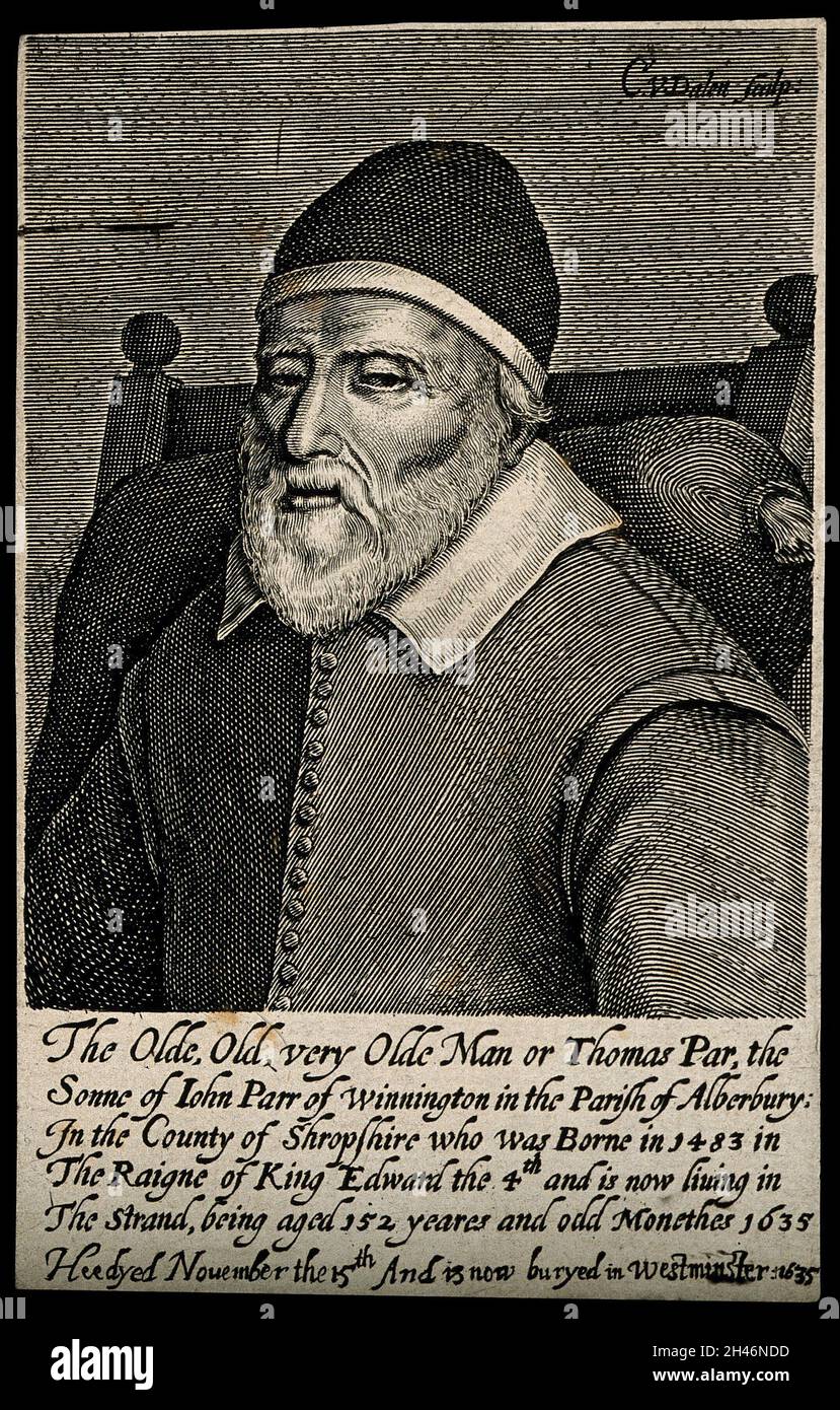 Thomas Parr, di 152 anni. Incisione linea di C. van Dalen. Foto Stock