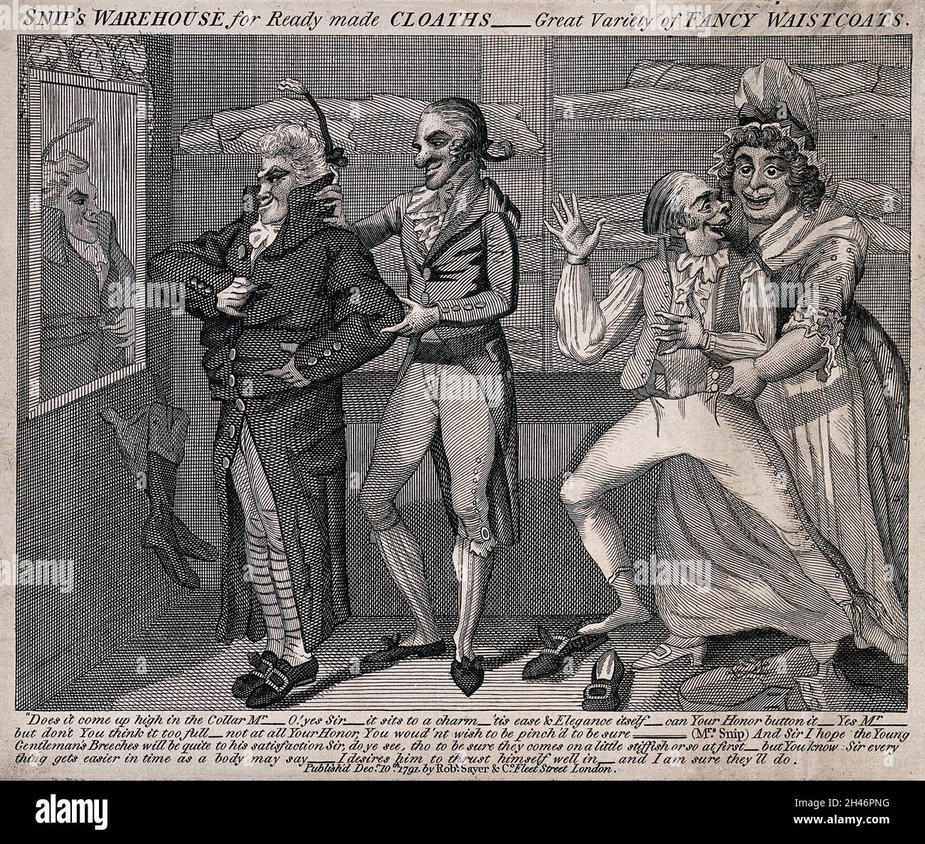 Un sarto e sua moglie stanno assistendo due uomini in abiti di abbigliamento, anche se i vestiti sono male-fitting. Acquaforte. Foto Stock