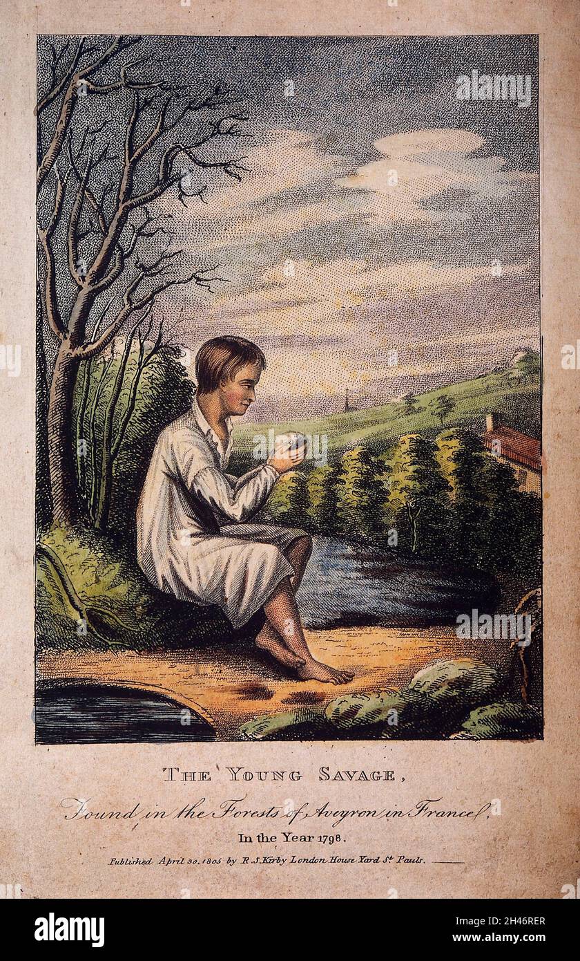 Un ragazzo trovato nelle foreste di Aveyron, Francia, che viveva 'selvaggio' da un bambino piccolo come non era in grado di parlare. Incisione colorata, 1805. Foto Stock