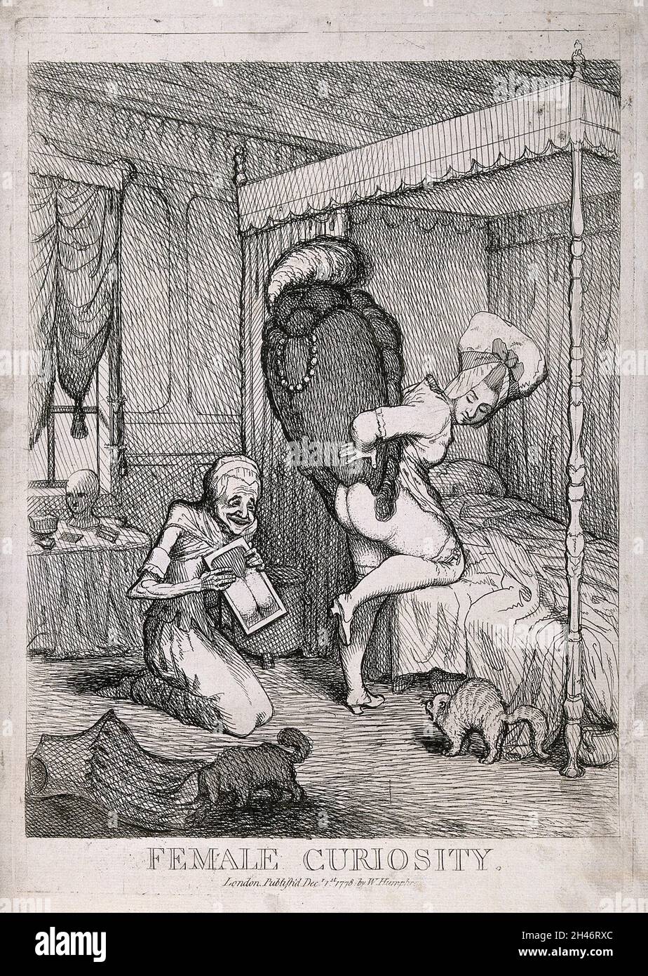 Una giovane donna nella sua camera da letto cercando una parrucca sul suo fondo per effetto: La sua serva tiene uno specchio per lei e serpenti di divertimento; un gatto arcate la sua schiena in spavento e un cane si tuffa per coprire sotto il corsetto della giovane donna che si trova sul pavimento. Acquaforte, 1778. Foto Stock