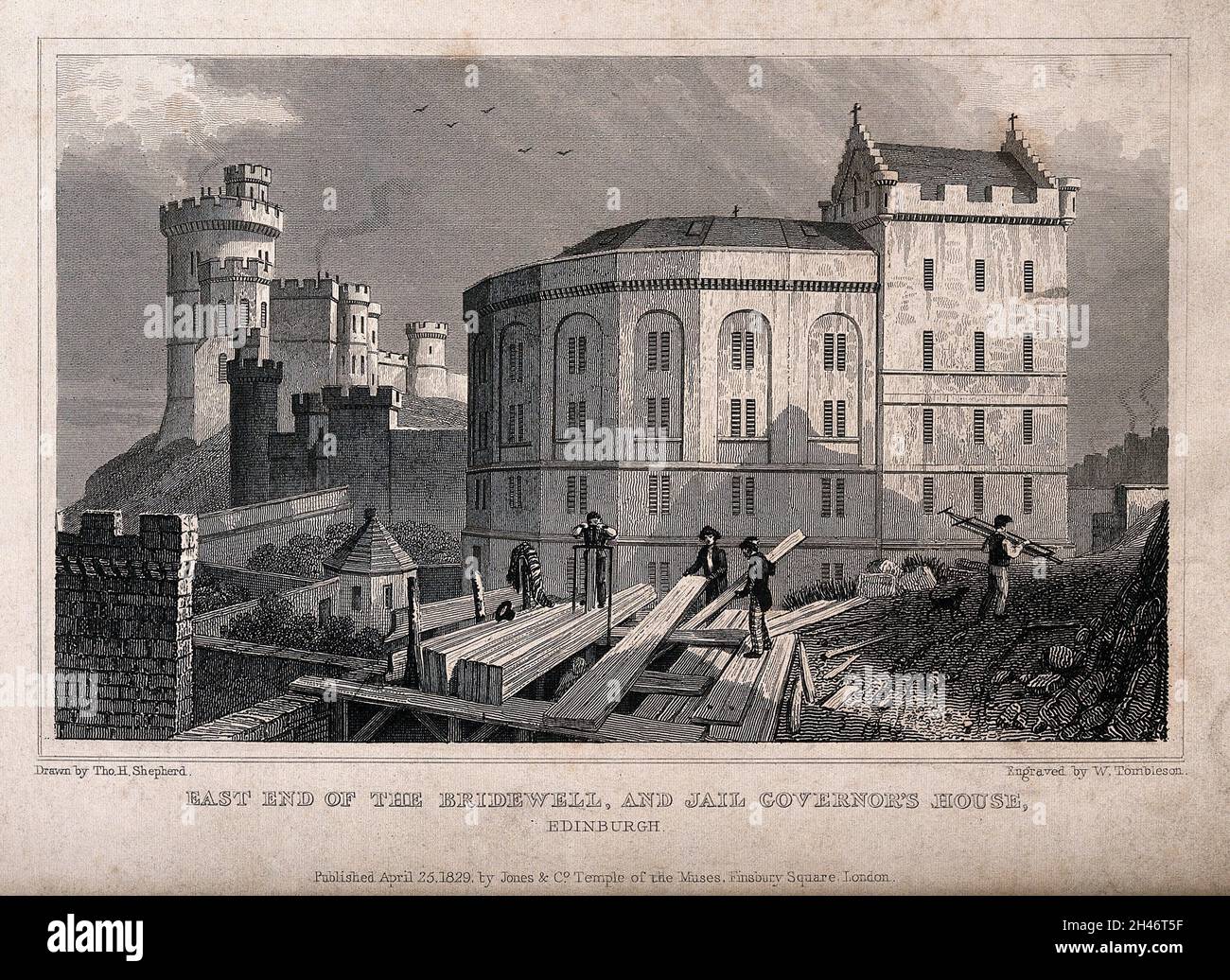 Lavori di costruzione di fronte alla prigione di Bridewell e alla casa dei governatori della prigione, Edimburgo, Scozia. Incisione in acciaio di W. Tombleson, 1829, dopo T.H. Pastore. Foto Stock