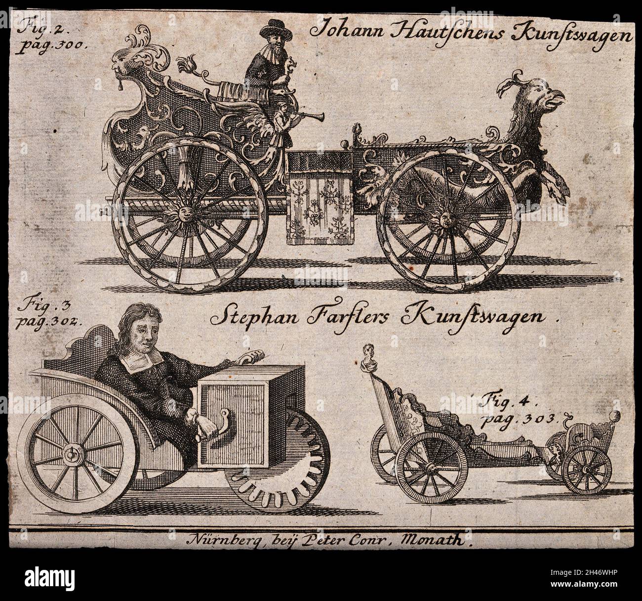 In alto, Johann (Hans) Hautsch di Norimberga alla guida della sua carrozza senza corsone ha detto di essere stato alimentato da orologio; in basso, Stephan Farfler, un orologiaio disabile di Altdorf, con due delle auto a mano che ha progettato e costruito per convogliarsi in chiesa. Incisione, 1730. Foto Stock