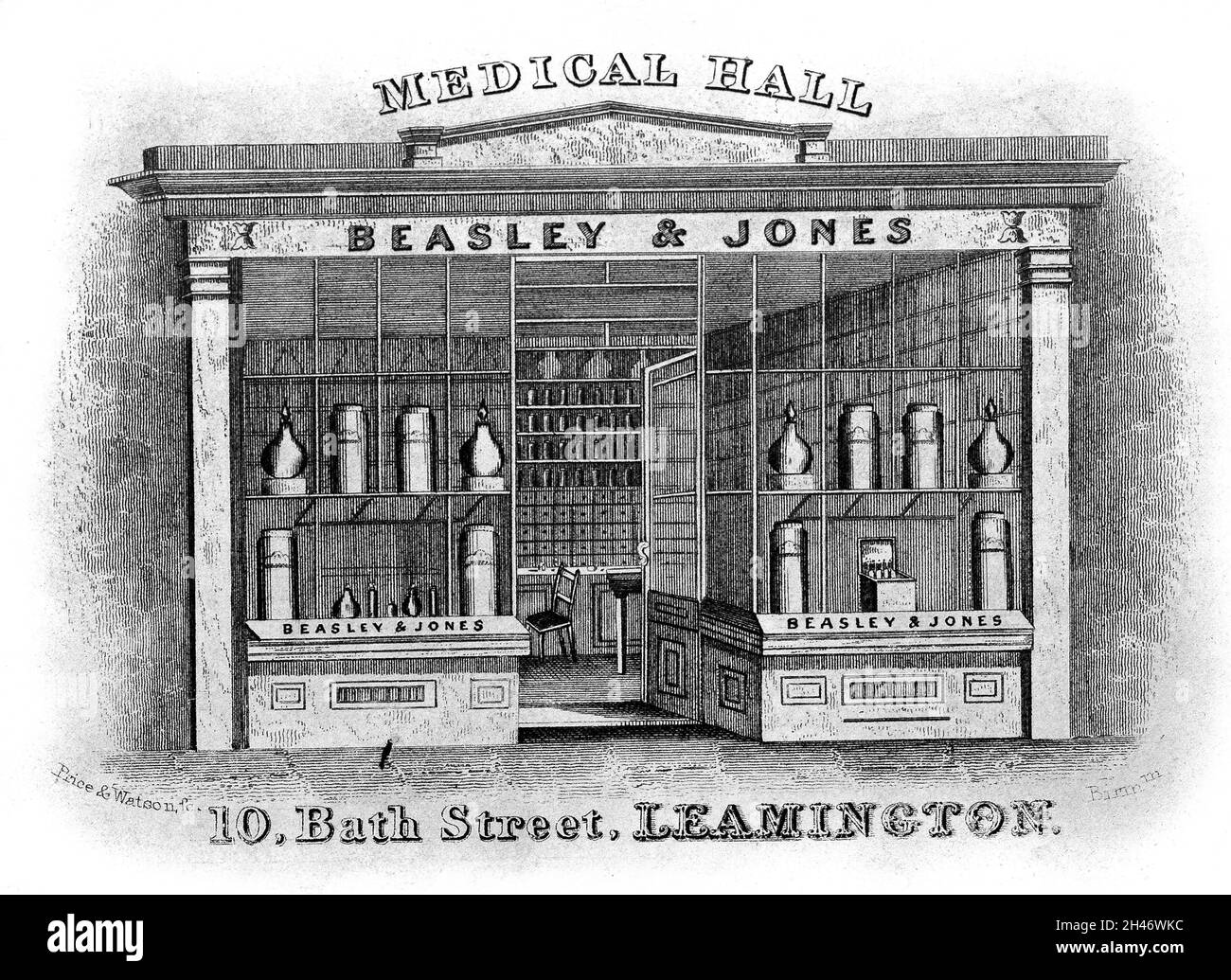 Un negozio di fronte a una farmacia a Bath Street, Leamington. Incisione di Price & Watson. Foto Stock