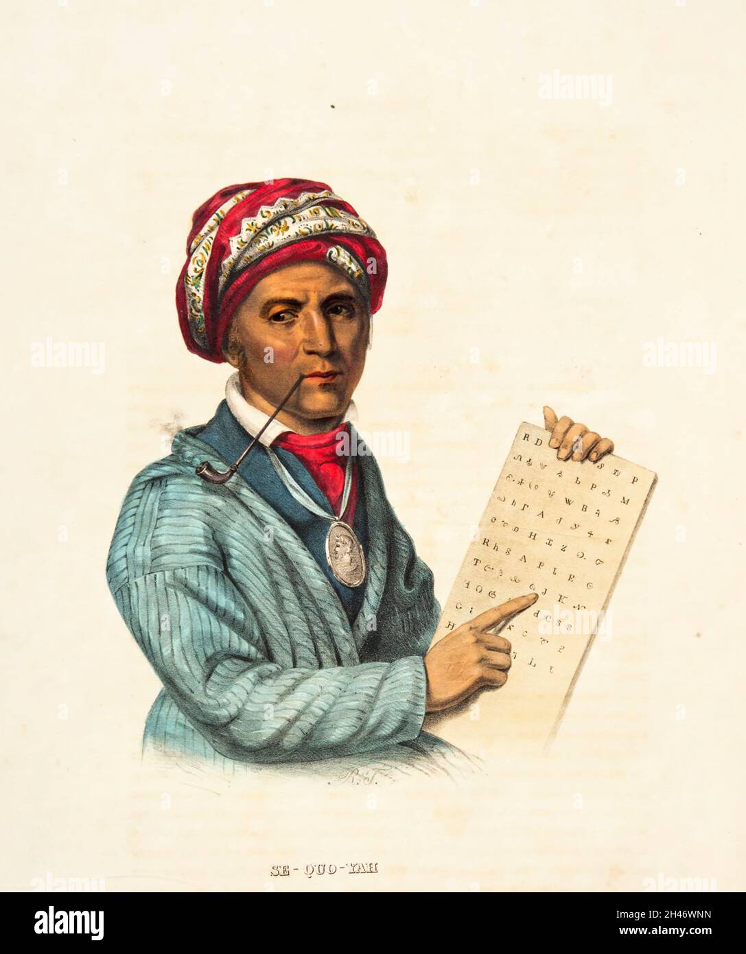 Sequoyah [se-Quo-Yah] l'inventore dell'alfabeto Cherokee dal libro 'Storia delle tribù indiane del Nord America con schizzi biografici e aneddoti dei principali capi. ' Volume 1 di 3 di Thomas Loraine, McKenney e James Hall Esq. Pubblicato nel 1838 Foto Stock