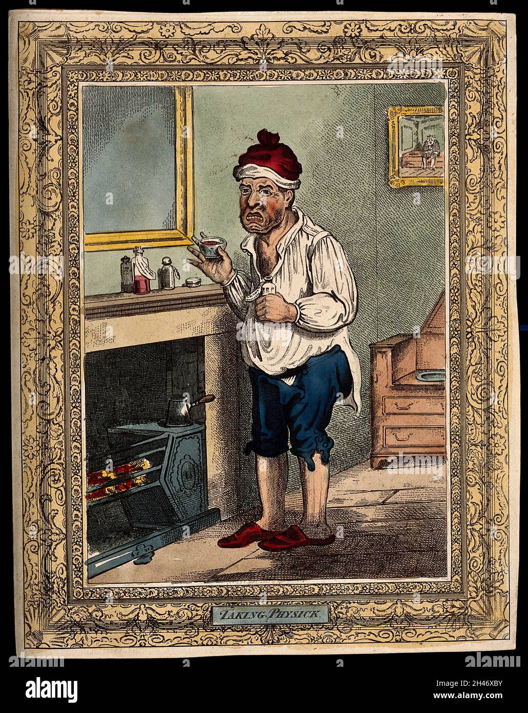 Un uomo in piedi accanto ad un camino, tirando un volto particolare dopo aver preso qualche medicina. Incisione colorata dopo J. Gillray. Foto Stock