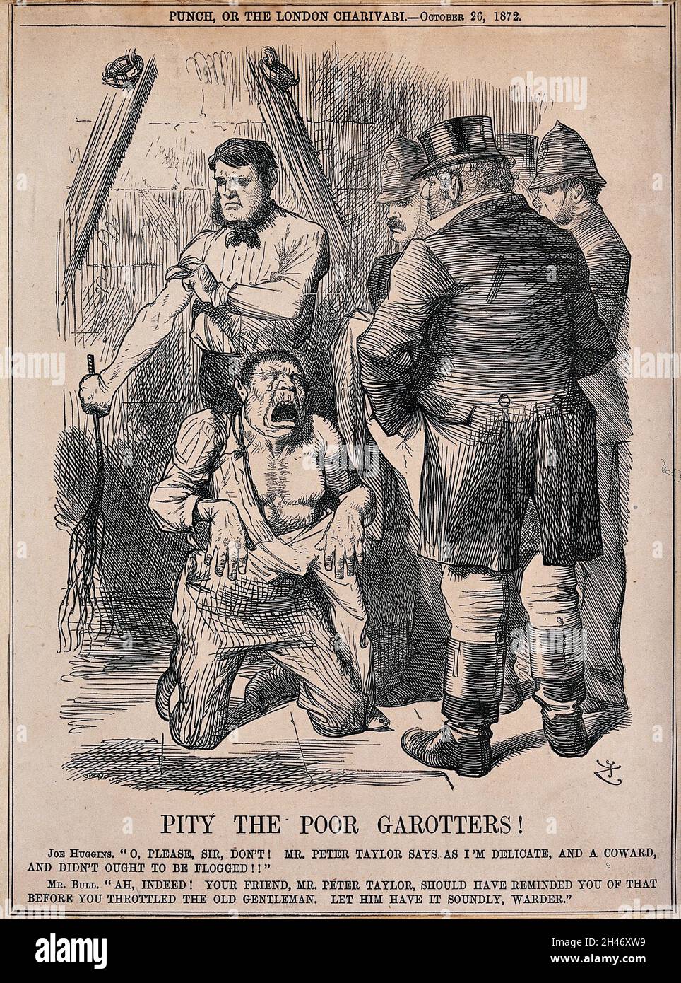 Joe Huggins, condannato per aver soffocato un vecchio gentiluomo, è spogliato in vita e inginocchiato prima che i poliziotti implorino misericordia mentre il carnefice sta arrotolando le maniche della sua camicia per iniziare con il flogging. Incisione in legno di J. Swain dopo Sir J. Tenniel, 1872. Foto Stock