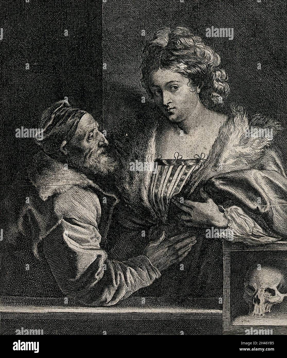 Un uomo anziano barbuto (il pittore Tiziano?) posiziona la mano destra sull'addome di una giovane donna che si appoggia su una scatola contenente un cranio. Incisione di A. van Dyck. Foto Stock