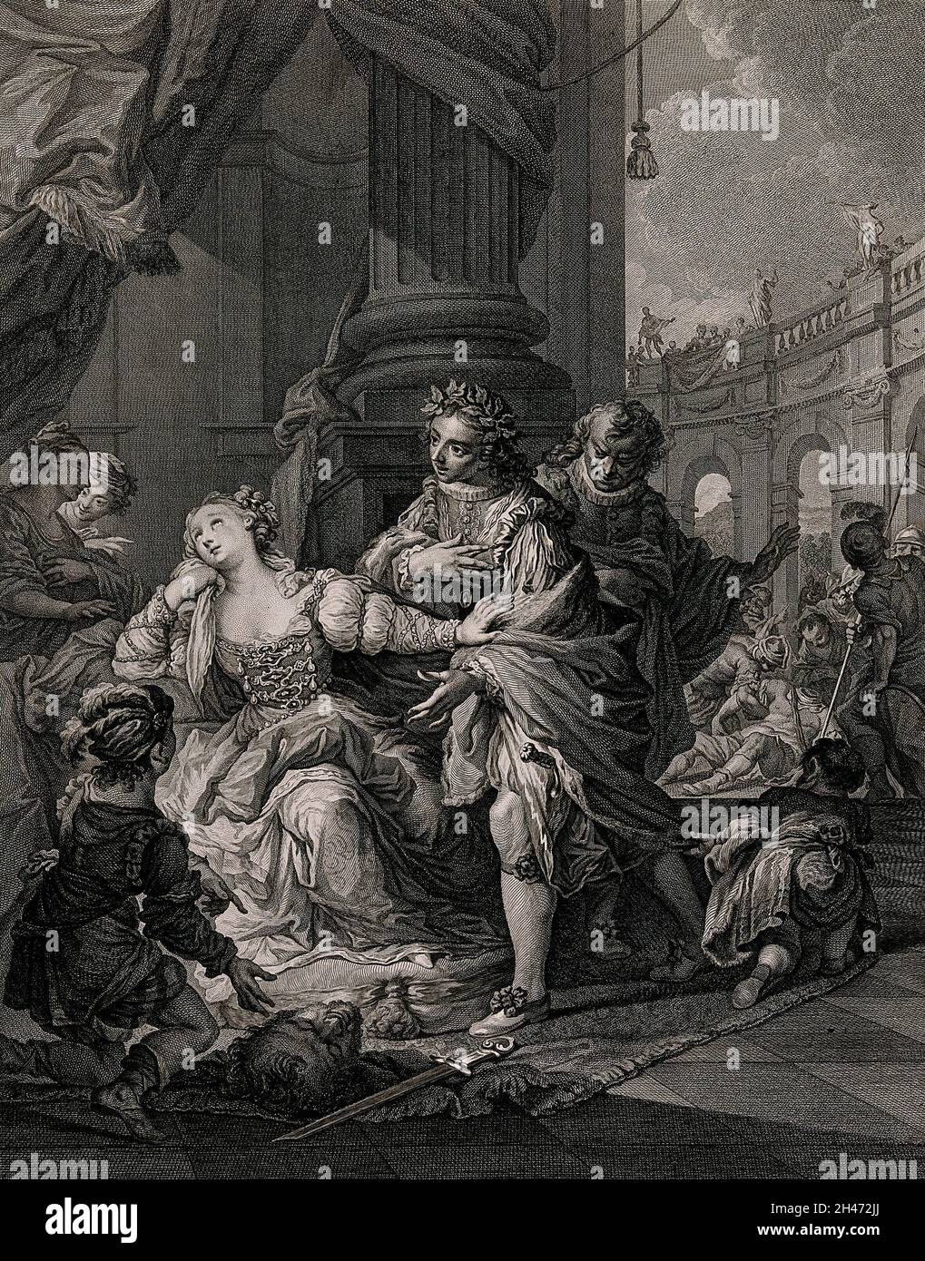 La regina Gunhilda, consorte di re Enrico III di Germania, riceve dalla sua pagina la testa tagliata dell'uomo che l'aveva accusata di adulterio, dopo che era stato sconfitto dalla pagina in combattimento, ma Gunhilda rinuncia alla sua vittoria. Incisione di S.F. Ravenet dopo A. Casali. Foto Stock