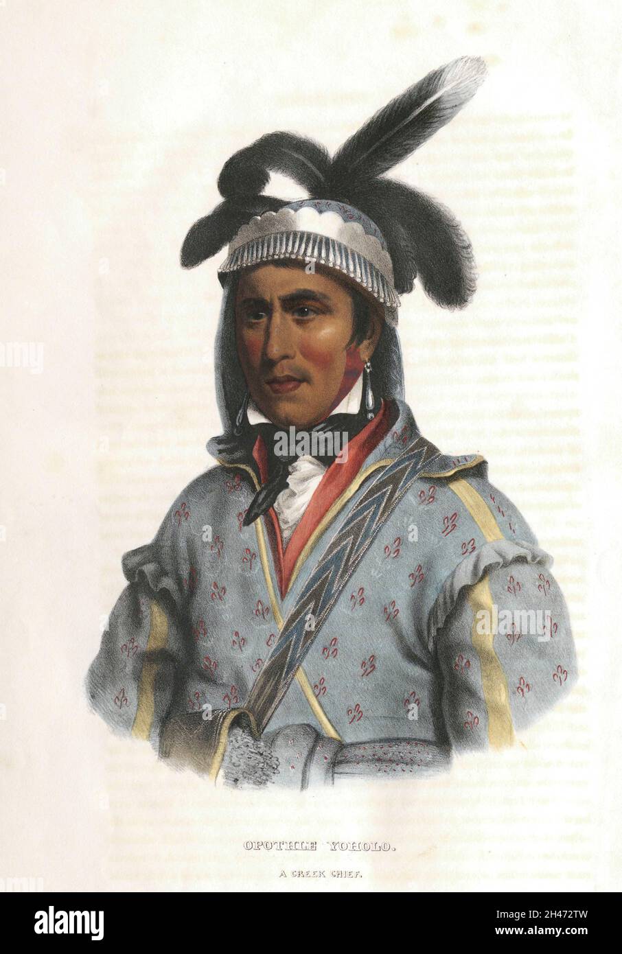Opothleyahola, anche ortografato Opothle Yohola, Opothleyoholo, Hu-pui-hilth Yahola, Hopoeitheyohola, e Hopere Yahvlv (c.. 1778 – Muscogee Creek, 22 marzo 1863) è stato un . Fu relatore del consiglio di Upper Creek e sostenne la cultura tradizionale. Dal libro 'Storia delle tribù indiane del Nord America con schizzi biografici e aneddoti dei principali capi. ' Volume 2 di 3 di Thomas Loraine, McKenney, e James Hall Esq. Pubblicato nel 1842 dipinto da Charles Bird King Foto Stock