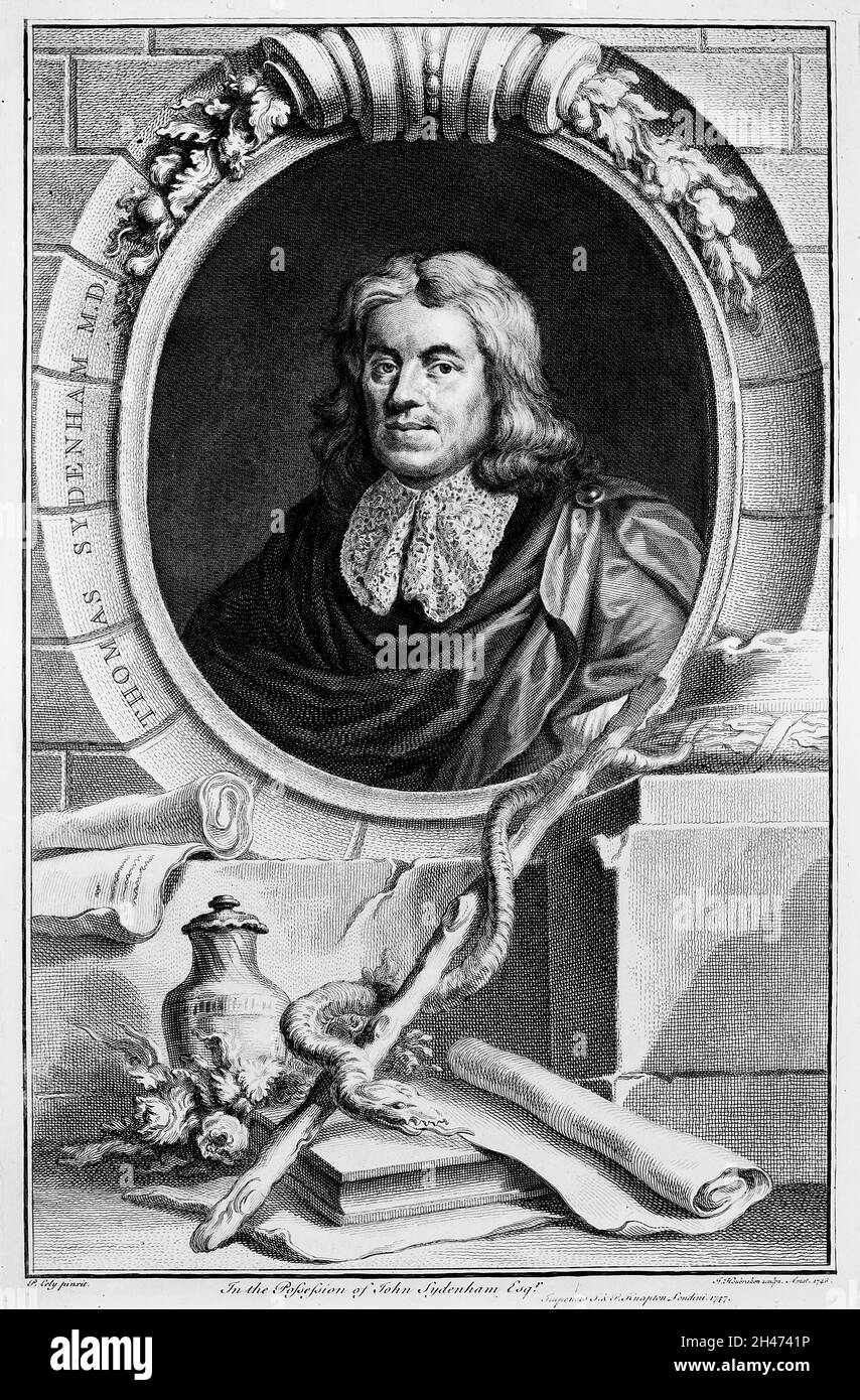 Thomas Sydenham. Incisione di linea di J. Houbraken, 1746, dopo Mary Beale, 1672. Foto Stock