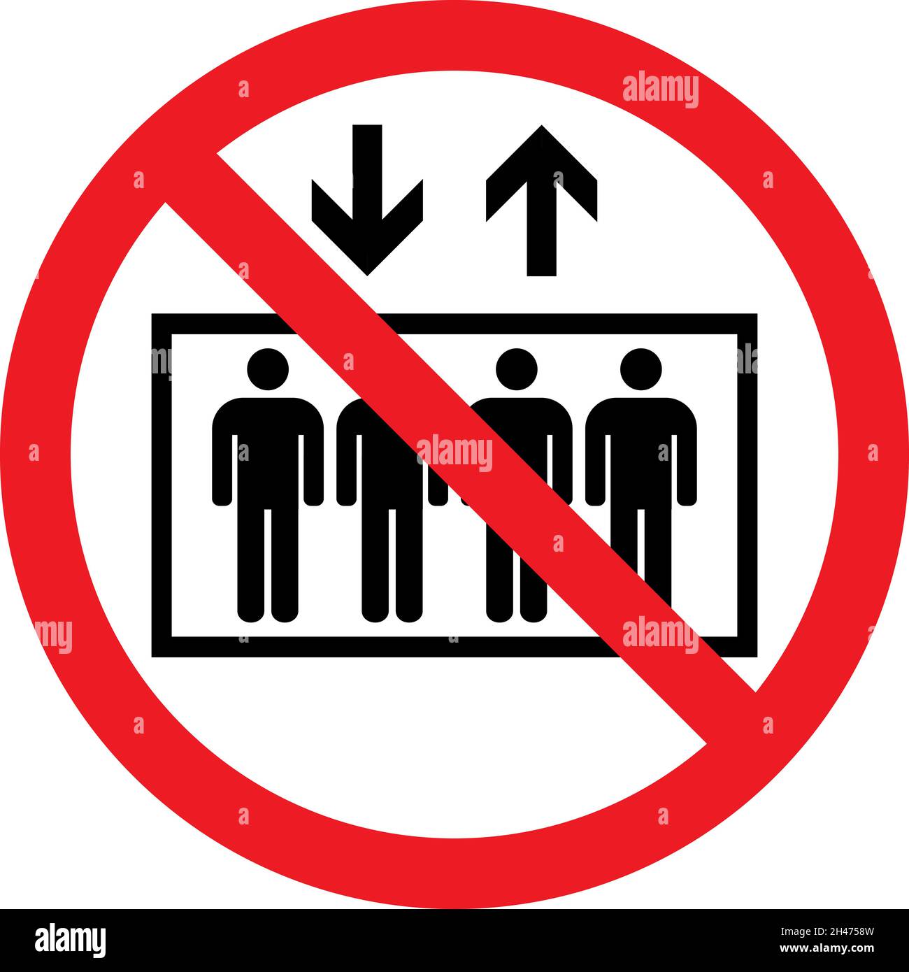 Non utilizzare il cartello dell'ascensore. Sfondo cerchio rosso. Simboli e segnali di sicurezza antincendio. Illustrazione Vettoriale