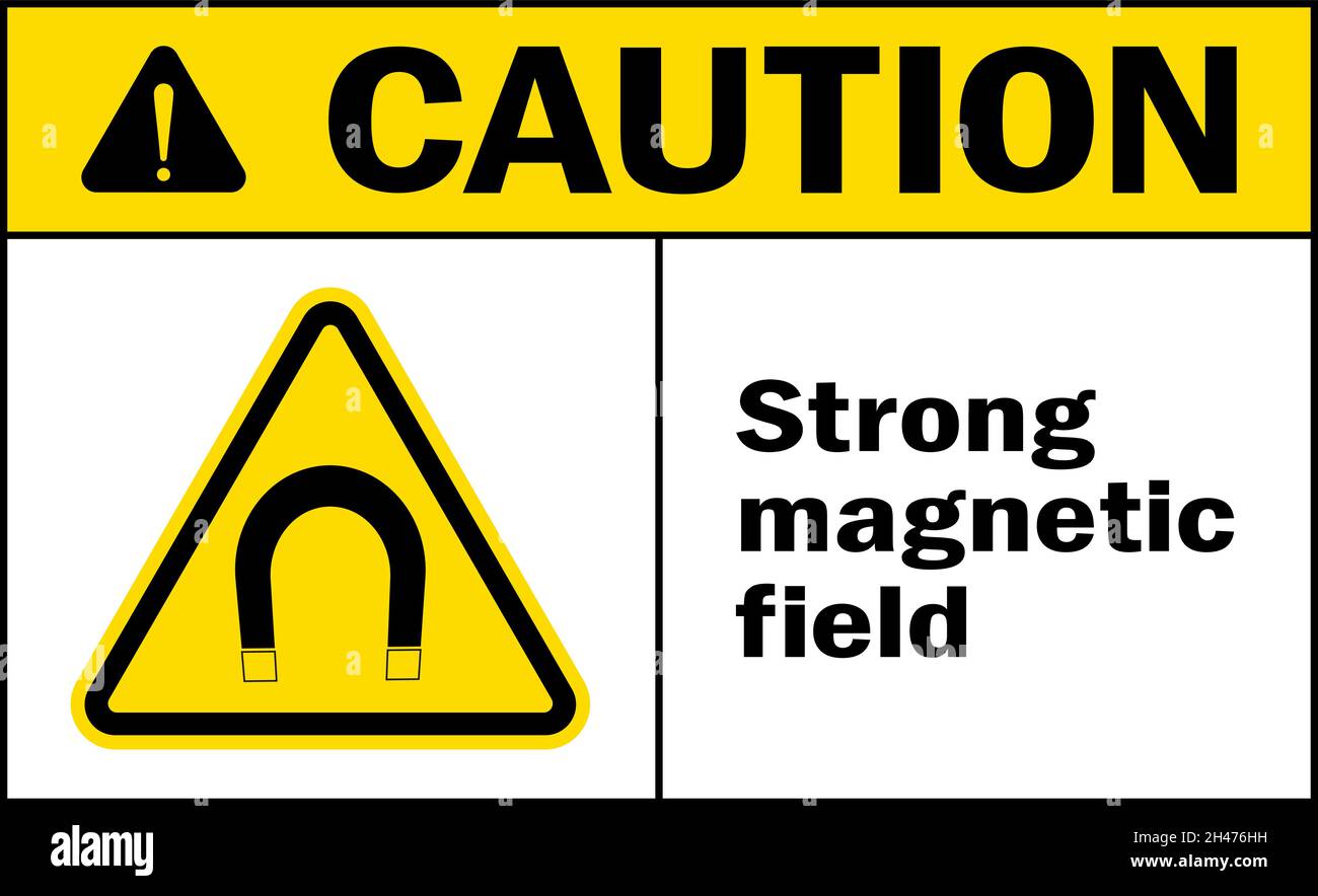 Segnale di attenzione area del campo magnetico forte. Simboli e segnali di pericolo elettrici. Illustrazione Vettoriale