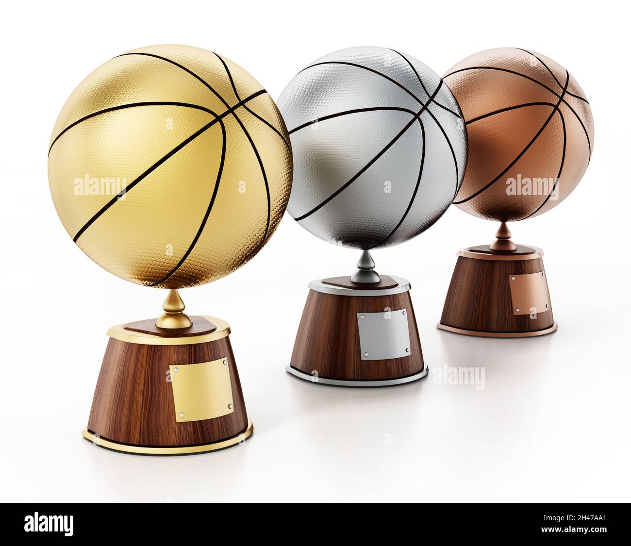 Palloni da basket in oro, argento e bronzo su piedistalli in legno. Premio primo, secondo e terzo posto per il basket. Illustrazione 3D. Foto Stock