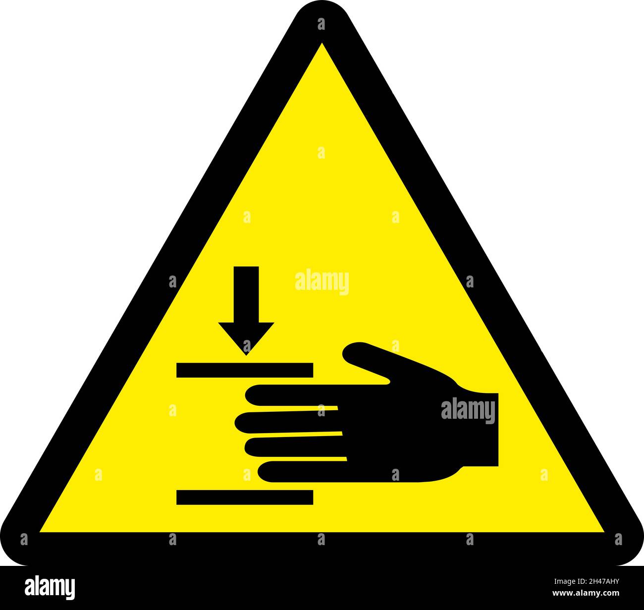 Segnale di pericolo di schiacciamento. Nero su sfondo triangolare giallo. Simboli e segnali di sicurezza. Illustrazione Vettoriale