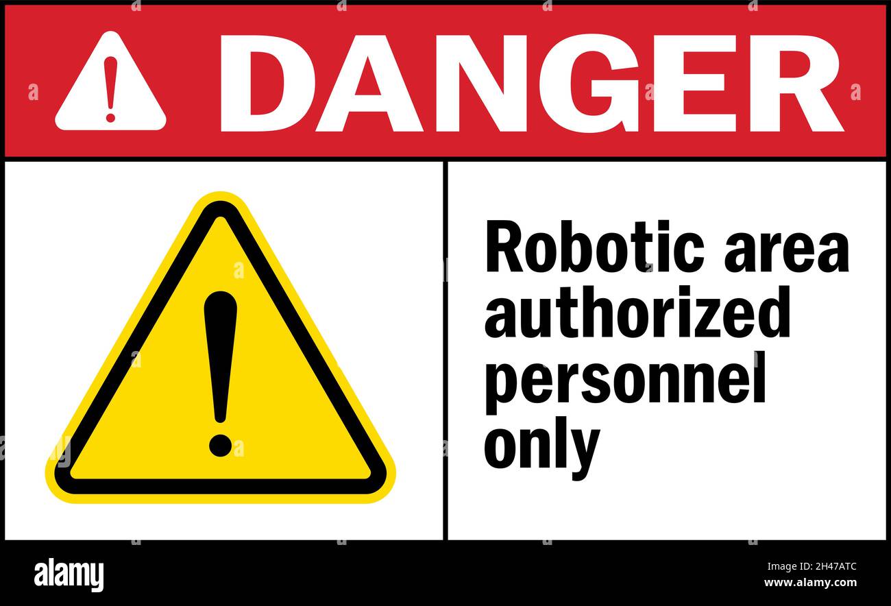 Cartello di pericolo solo personale autorizzato dell'area robotica. Simboli e segnali di avvertenza del carrello elevatore a forche. Illustrazione Vettoriale