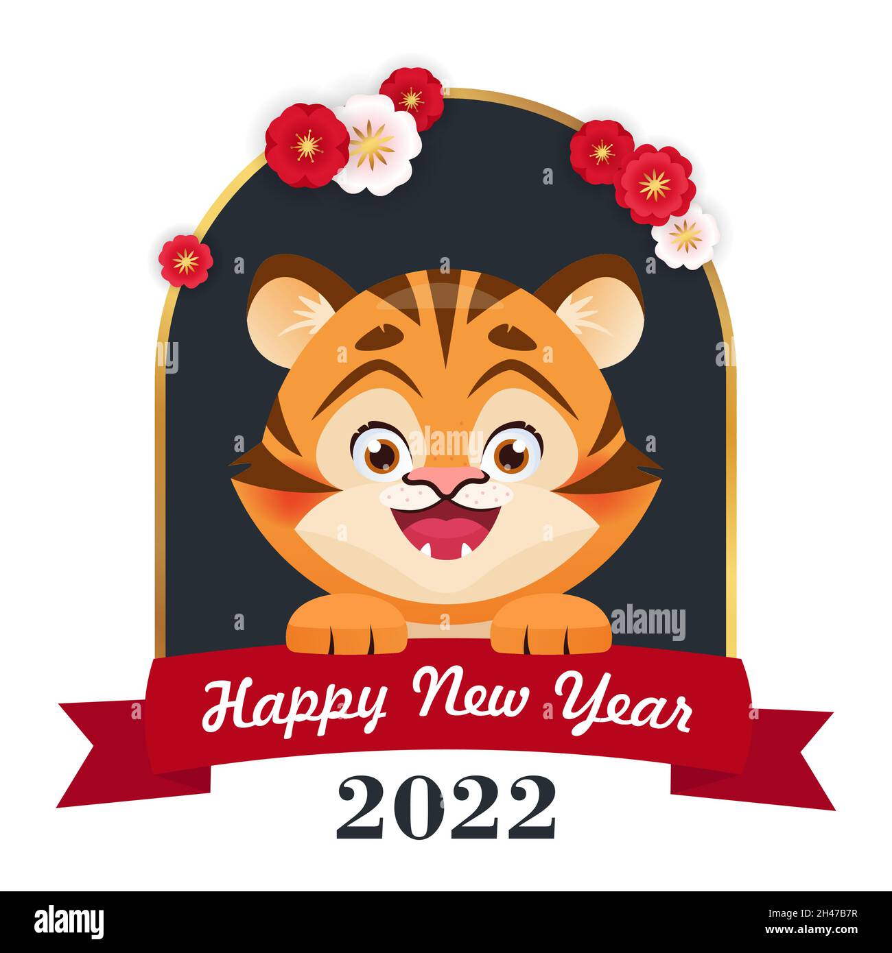 Biglietto di auguri felice anno nuovo con tigre carina, simbolo di 2022 anni. Illustrazione vettoriale in stile cartoon flat Illustrazione Vettoriale