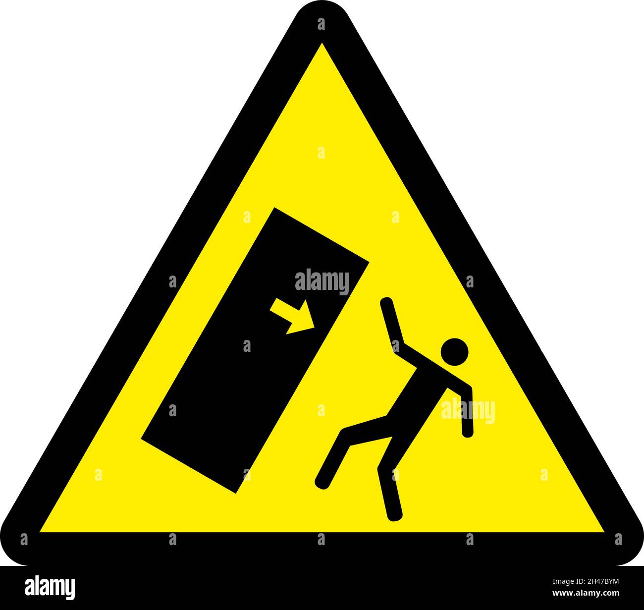 Cartello di avvertenza di ribaltamento o schiacciamento del corpo. Nero su sfondo triangolare giallo. Simboli e segnali di sicurezza. Illustrazione Vettoriale