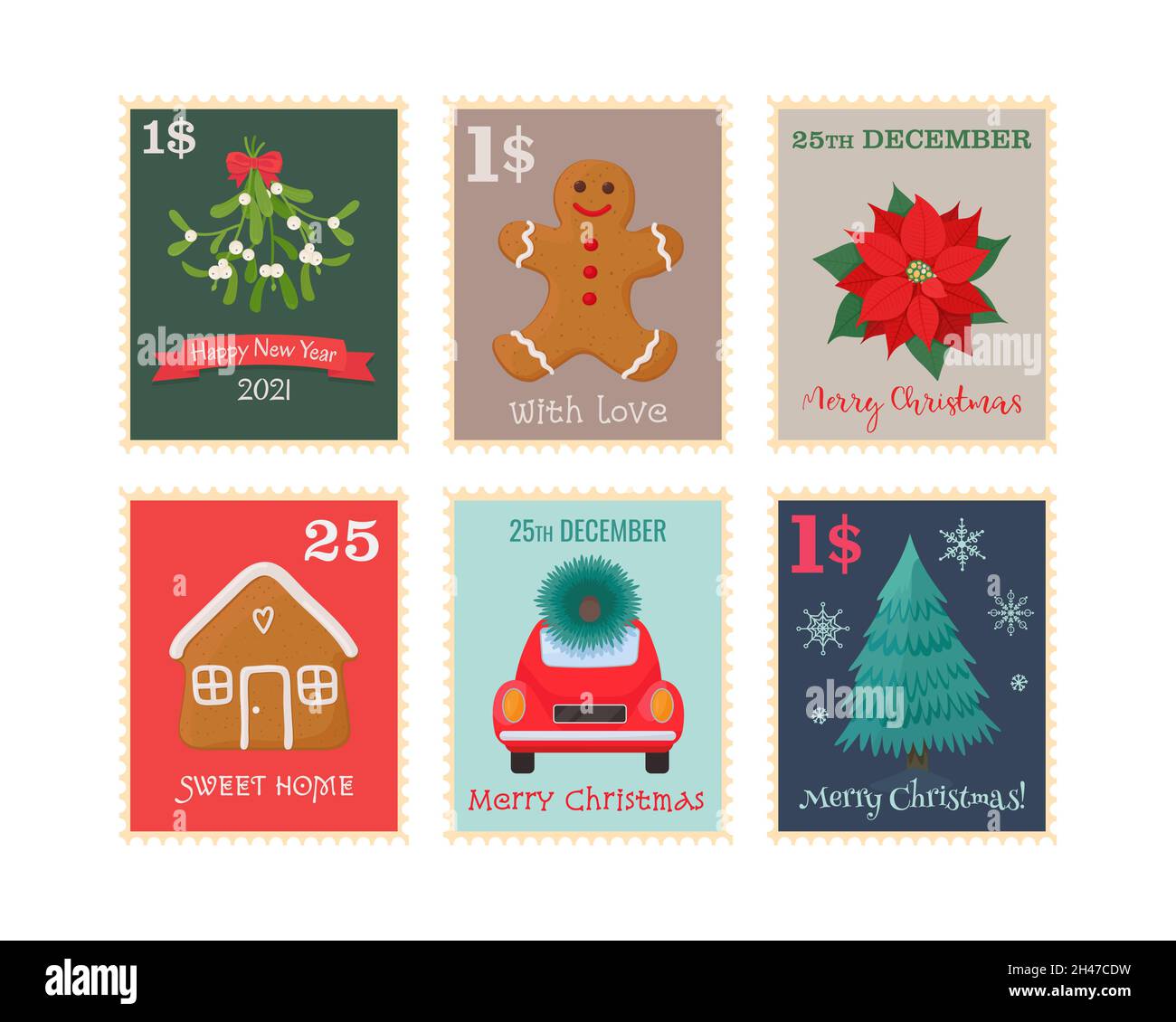 Set francobolli natalizi. Illustrazione vettoriale Illustrazione Vettoriale