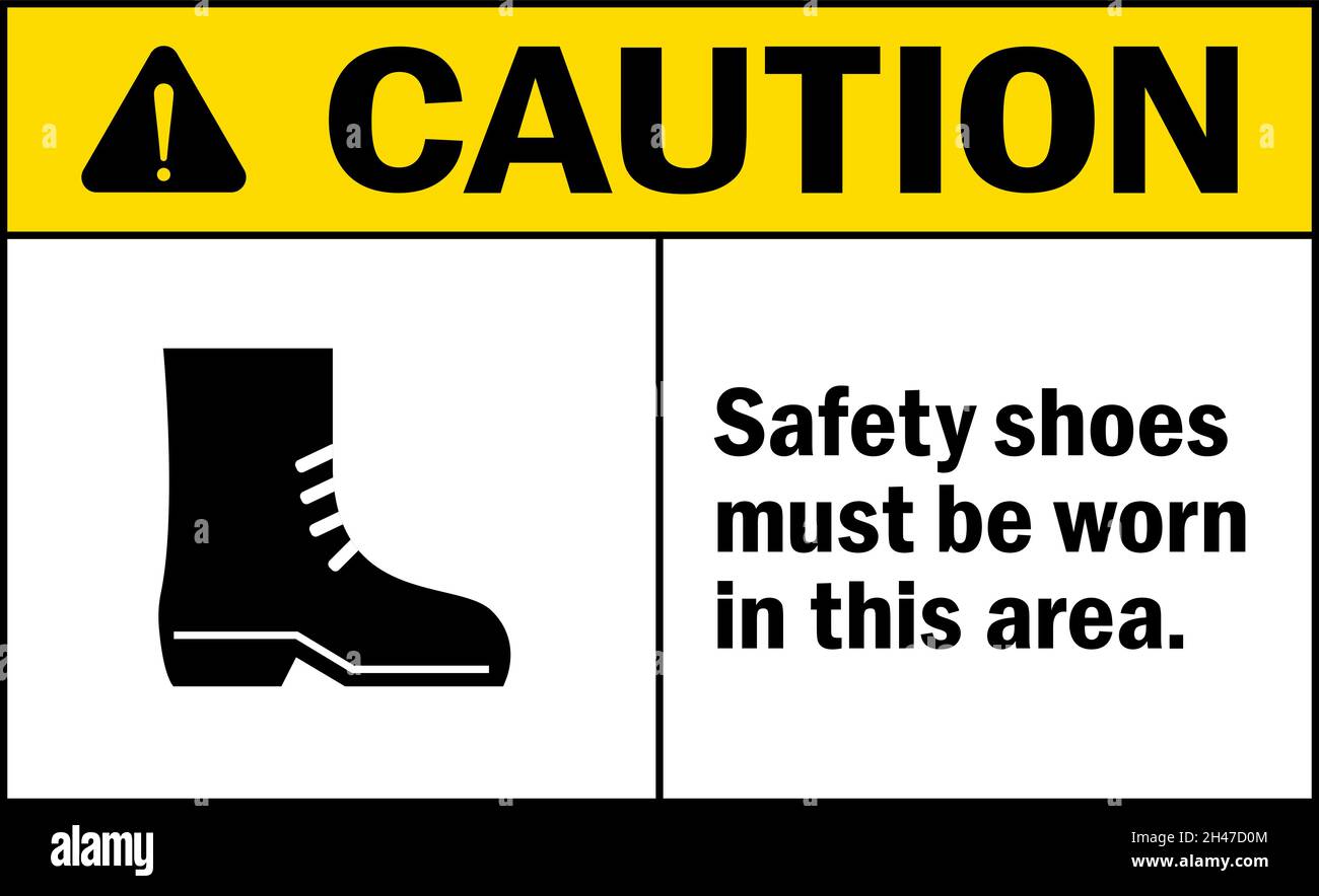 Attenzione le scarpe di sicurezza devono essere indossate in questo cartello. Simboli e simboli di sicurezza generali. Illustrazione Vettoriale