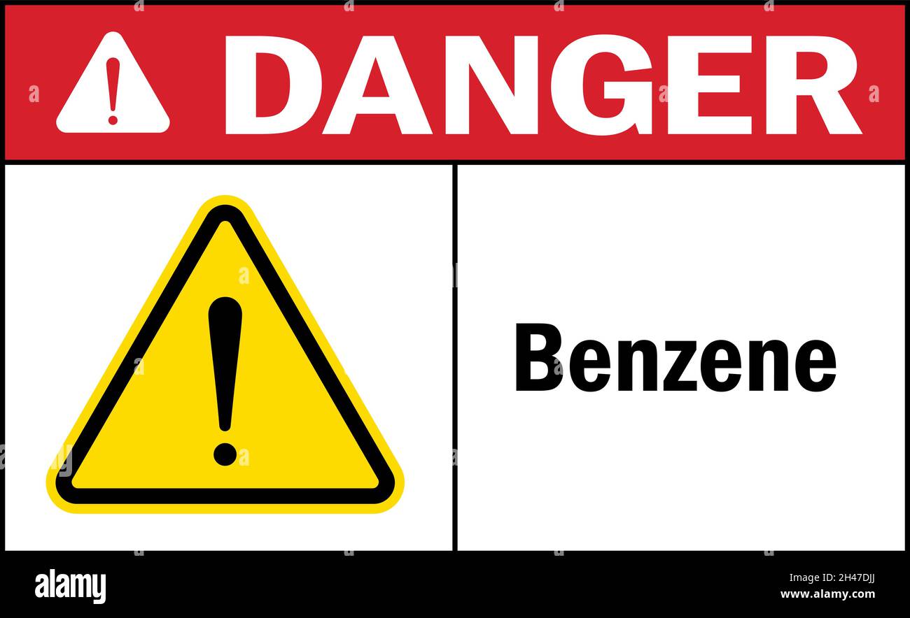 Segnale di pericolo benzene. Simboli e simboli di avvertenza per sostanze chimiche pericolose. Illustrazione Vettoriale