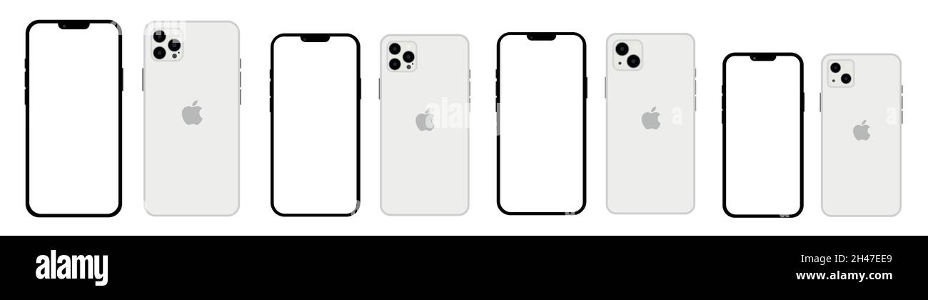 Realistico bianco mockup iphone 13 impostare tutti i colori e modelli, smartphone mockup con schermo bianco Illustrazione Vettoriale