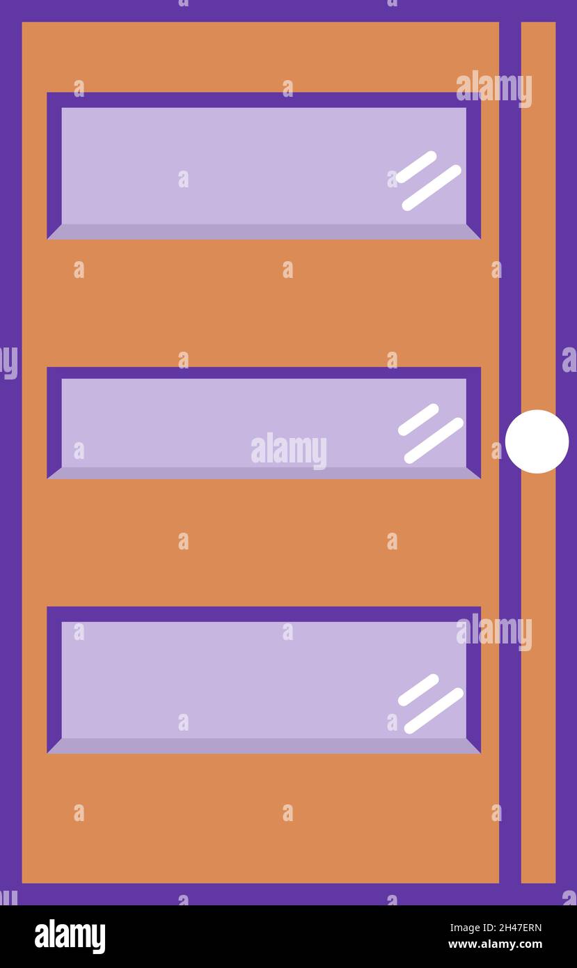 Porta marrone con vetro viola, illustrazione, vettore, su sfondo bianco. Illustrazione Vettoriale