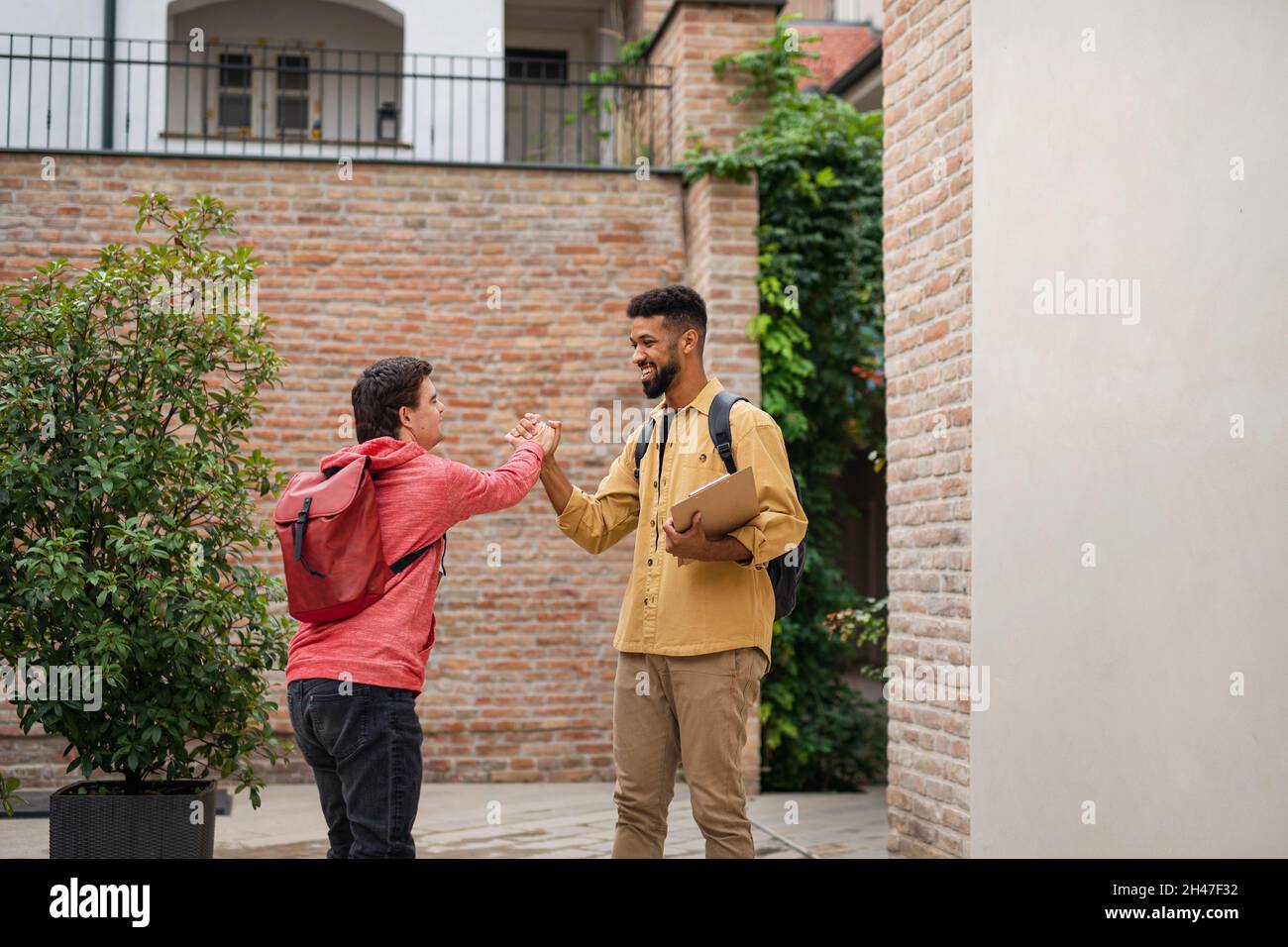 Giovane con sindrome Down e il suo amico mentoring incontro e saluto all'aperto Foto Stock