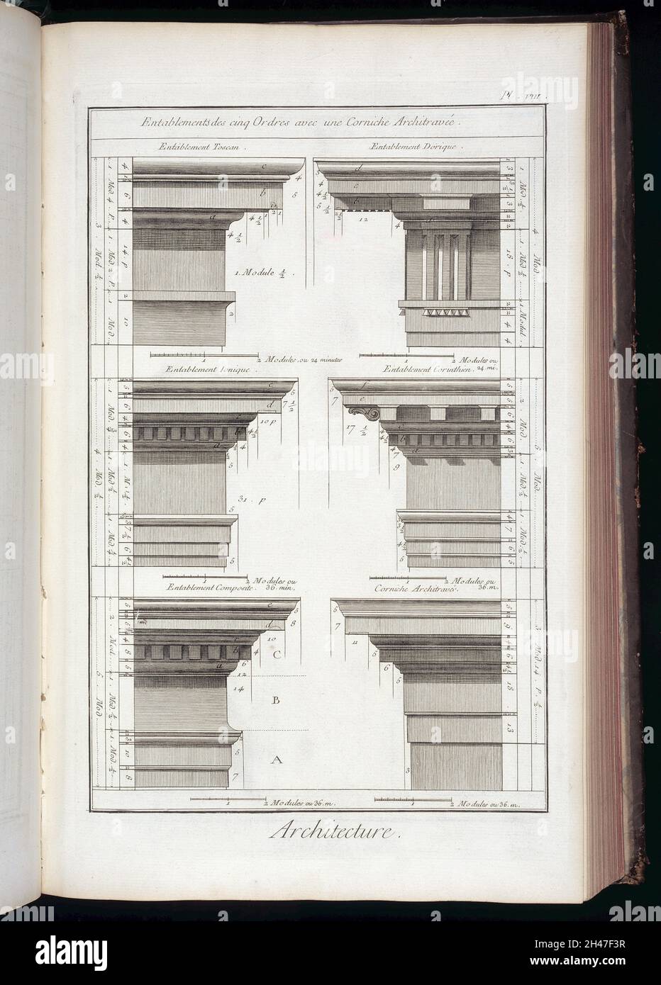 Campioni di entablature, l'ordine sopra una colonna, con cornicione e architrave, campioni sono Toscane, Dorique, Ionique, Corinthien e composito Foto Stock