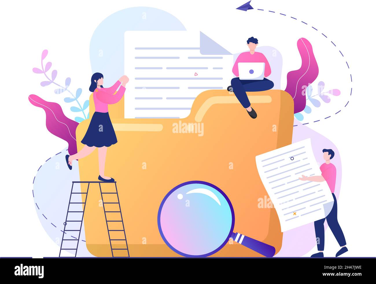 Illustrazione di file Management System e Information Vector con People Holding Folder, Archive o Online Service per l'archiviazione dei documenti Illustrazione Vettoriale