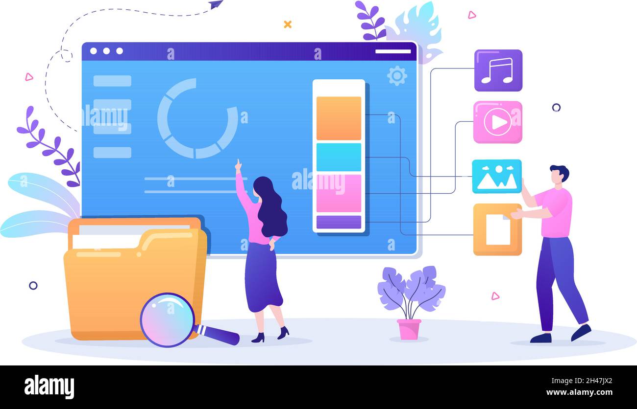 Illustrazione di file Management System e Information Vector con People Holding Folder, Archive o Online Service per l'archiviazione dei documenti Illustrazione Vettoriale