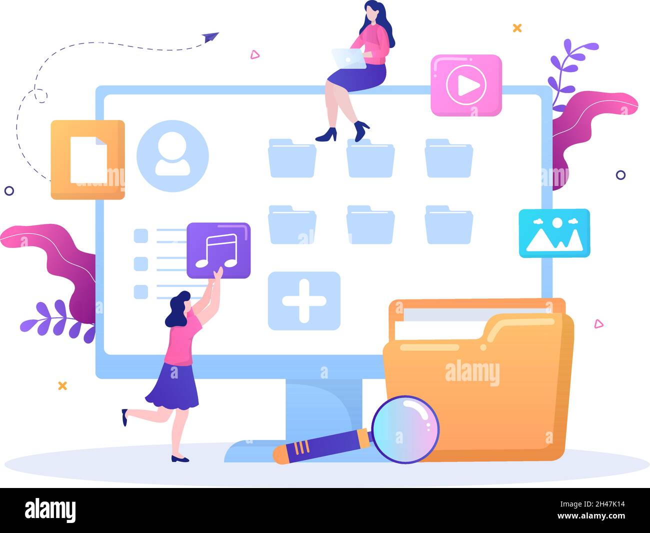 Illustrazione di file Management System e Information Vector con People Holding Folder, Archive o Online Service per l'archiviazione dei documenti Illustrazione Vettoriale