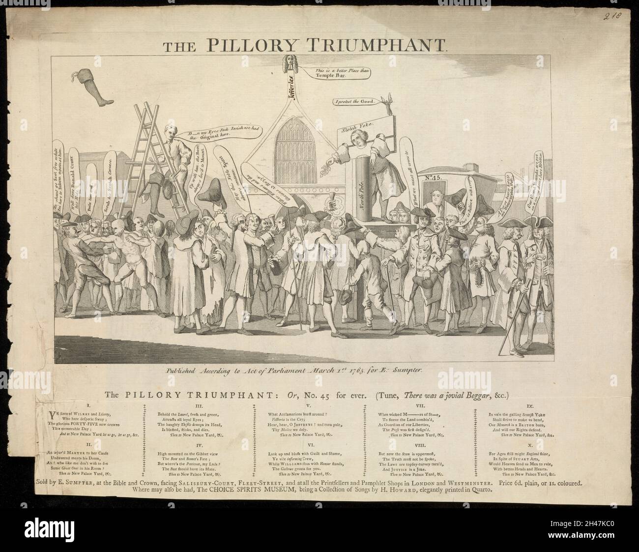 John Williams, un libraio si trova nella saccheria del Palace Yard, Westminster, circondato da una folla acclamata. Incisione con dieci versi in cinque colonne sotto, 1765. Foto Stock