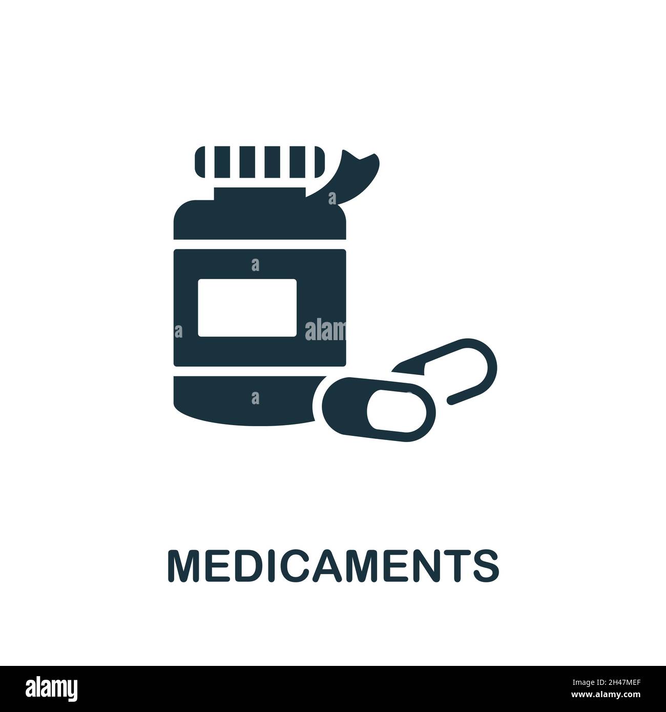 Icona farmaci. Segno monocromatico dalla collezione di psicoterapia. Illustrazione icona di farmaci creativi per il web design, infografica e altro ancora Illustrazione Vettoriale