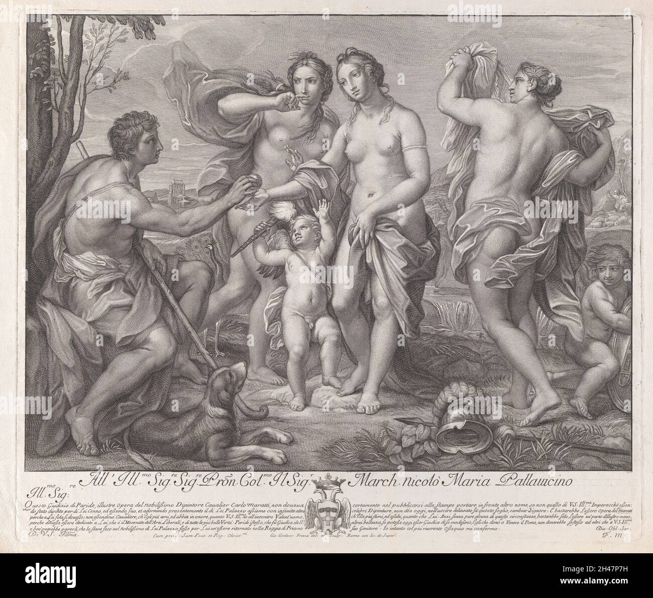 La sentenza di Parigi. Incisione di G.G. Frezza, 1708, dopo C. Maratta. Foto Stock