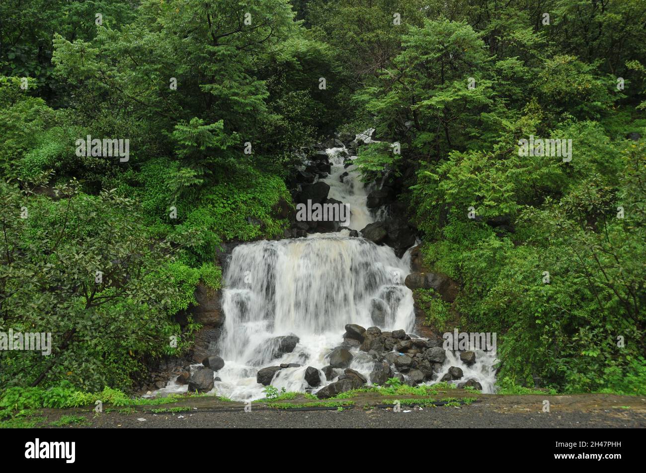 Cascata panoramica sulla strada per Murud-Janjira luogo turistico nel distretto Raigad di Maharashtra, India Foto Stock