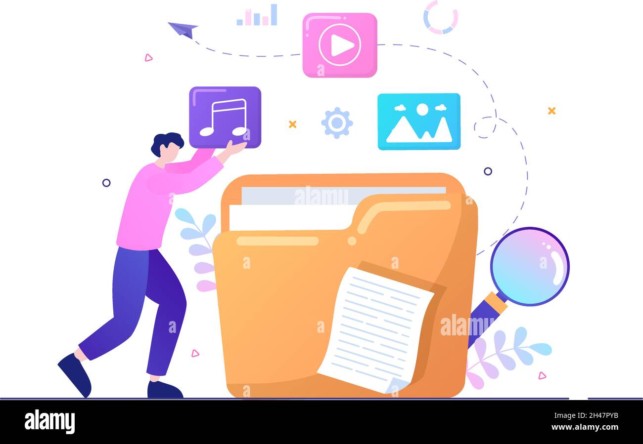 Illustrazione di file Management System e Information Vector con People Holding Folder, Archive o Online Service per l'archiviazione dei documenti Illustrazione Vettoriale