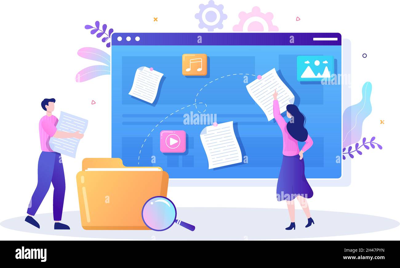 Illustrazione di file Management System e Information Vector con People Holding Folder, Archive o Online Service per l'archiviazione dei documenti Illustrazione Vettoriale