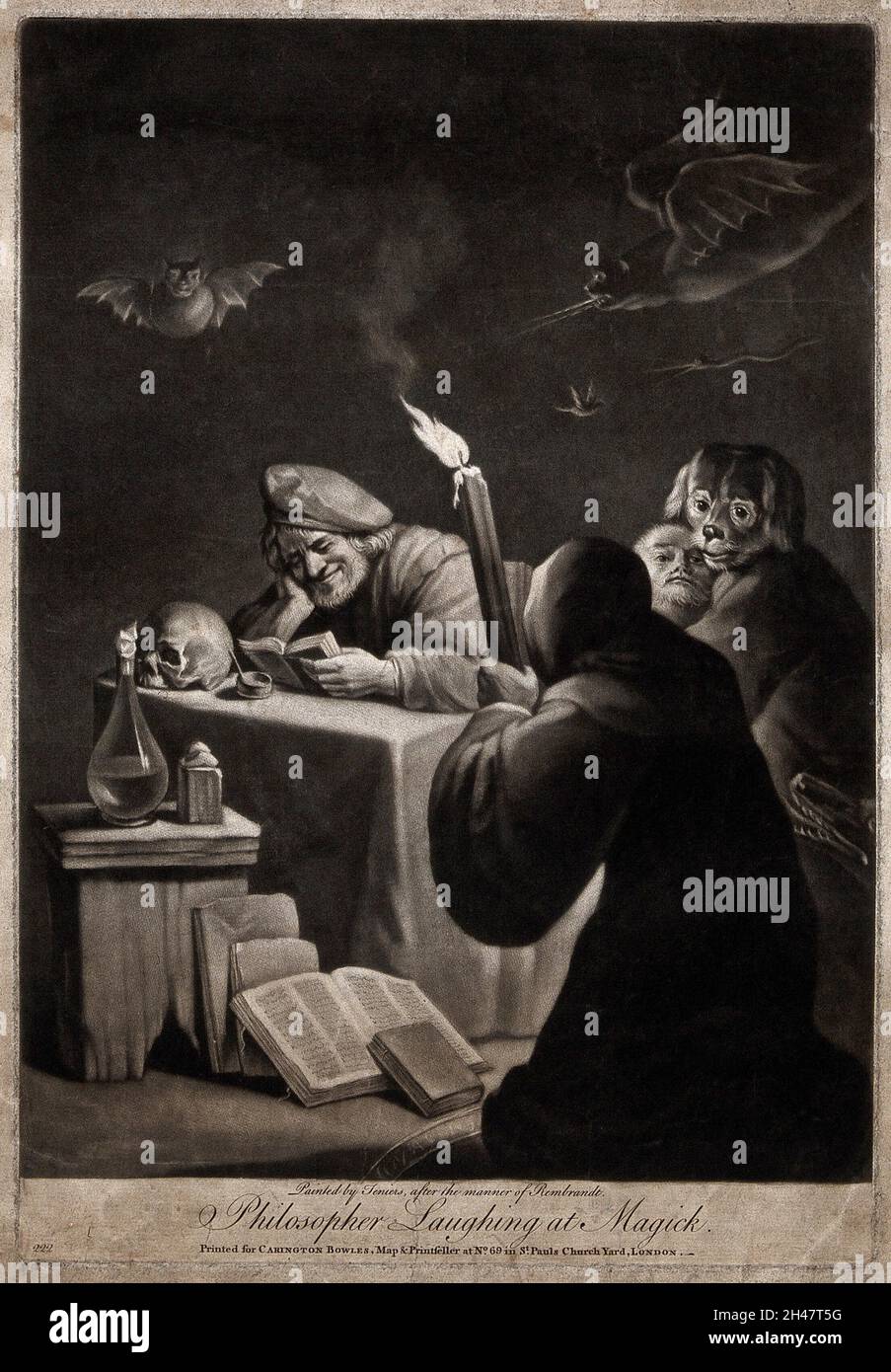Un uomo che legge un grimoire, grinning; accanto a lui un uomo accoccolato, inginocchiato sul pavimento, sta tenendo una torcia: Stanno conquistando i demoni. Mezzotinta dopo D. Teniers il giovane, 1750/1790. Foto Stock