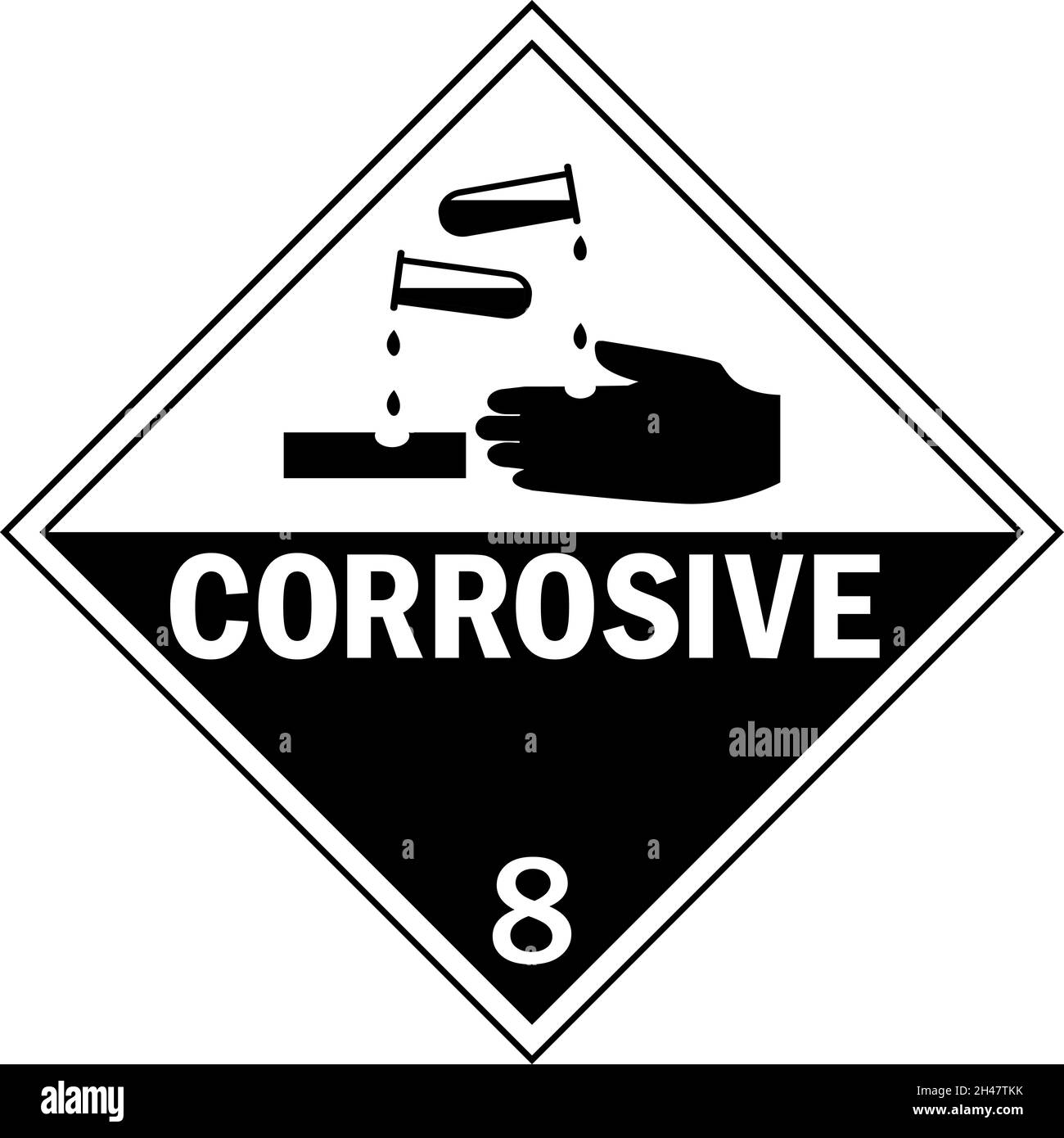 Cartelli di pericolo corrosivi classe 8. Simboli e segnali di sicurezza per le merci pericolose. Illustrazione Vettoriale