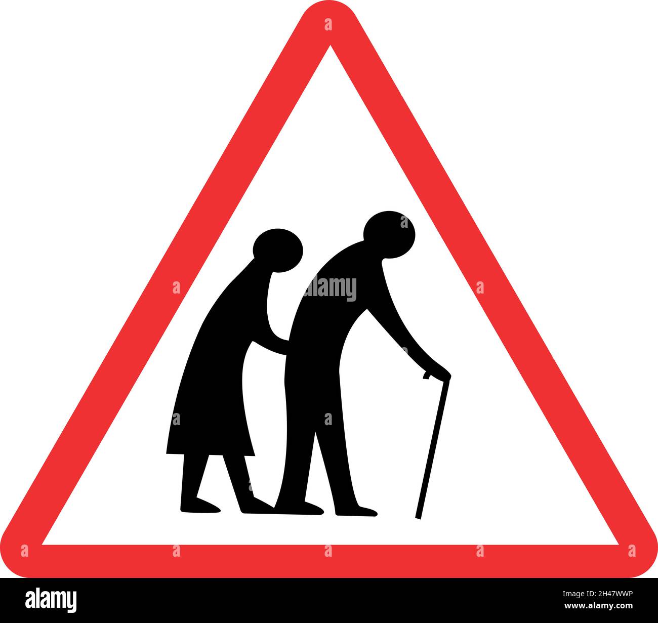 I pedoni disabili potrebbero attraversare la segnaletica stradale. Sfondo triangolare rosso. Segnali stradali e simboli. Illustrazione Vettoriale