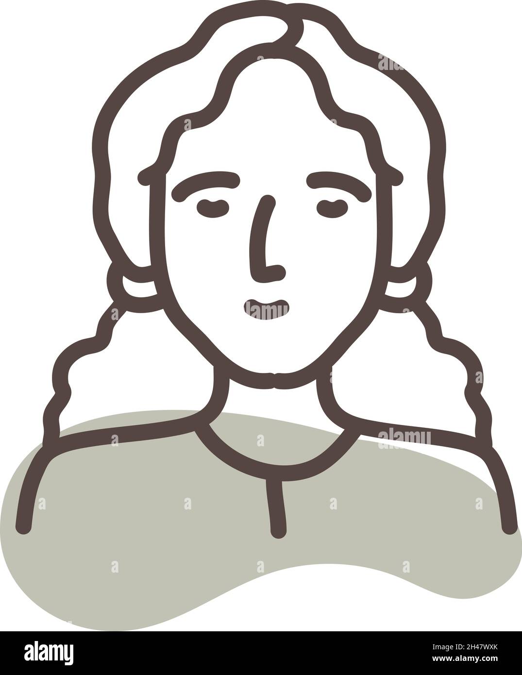 Ragazza con capelli ricci in pigtail, illustrazione, vettore, su sfondo bianco. Illustrazione Vettoriale