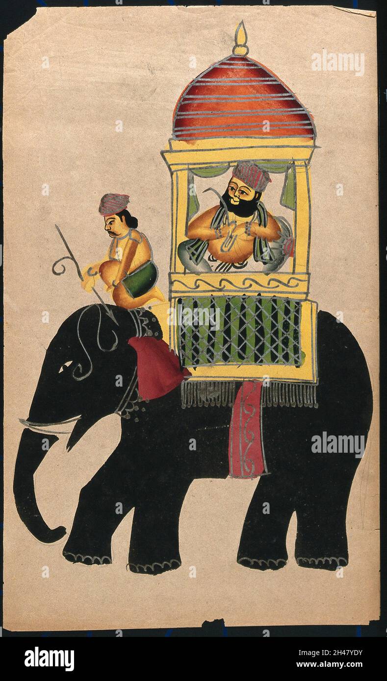 Raja su un Elefante Nero. Acquerello di un artista indiano, ca. 1890. Foto Stock