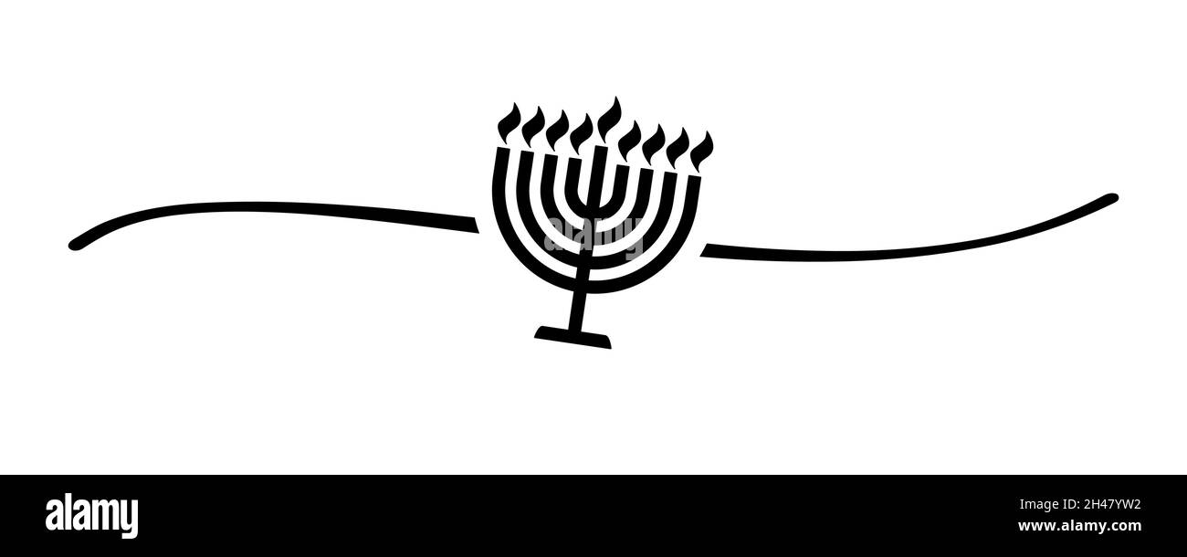 Forma disegnata a mano manora nera con linea di schizzo carina, forma divisoria. Hanukka icona a candelabro di colore nero con otto rami isolati su bianco Illustrazione Vettoriale