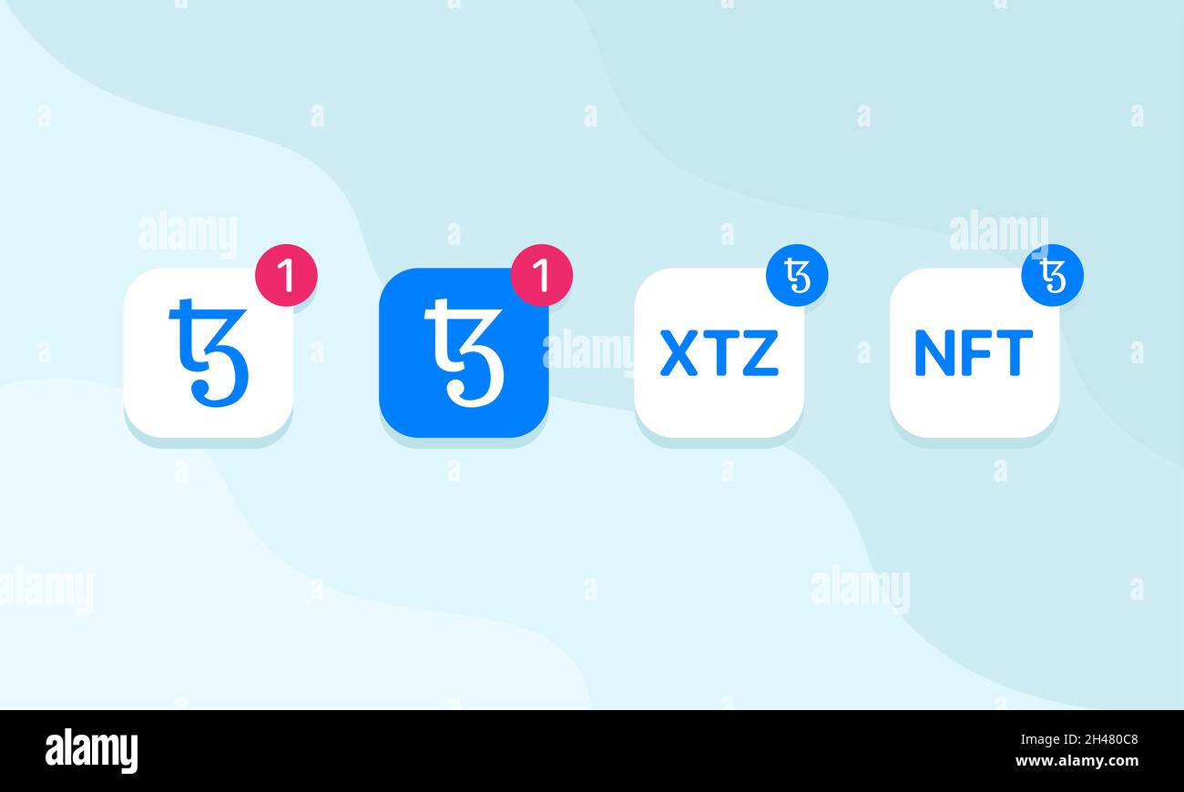 Set di icone blu Tezos XTZ. Raccolta vettoriale di segni di criptovaluta per applicazioni web e mobili. Illustrazione Vettoriale