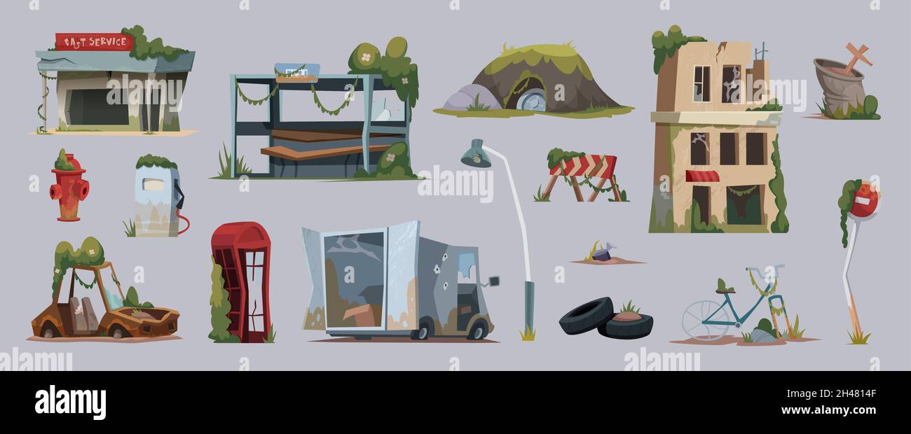 Edifici danneggiati. Rovine post apocalisse urbane distruggendo case doomsday concept immagini vettoriali esatte illustrazioni piatte Illustrazione Vettoriale