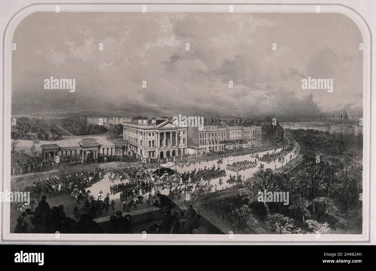La processione funebre del Duca di Wellington passando Apsley House a Londra nel 1852. Litografia di A. Maclure. Foto Stock