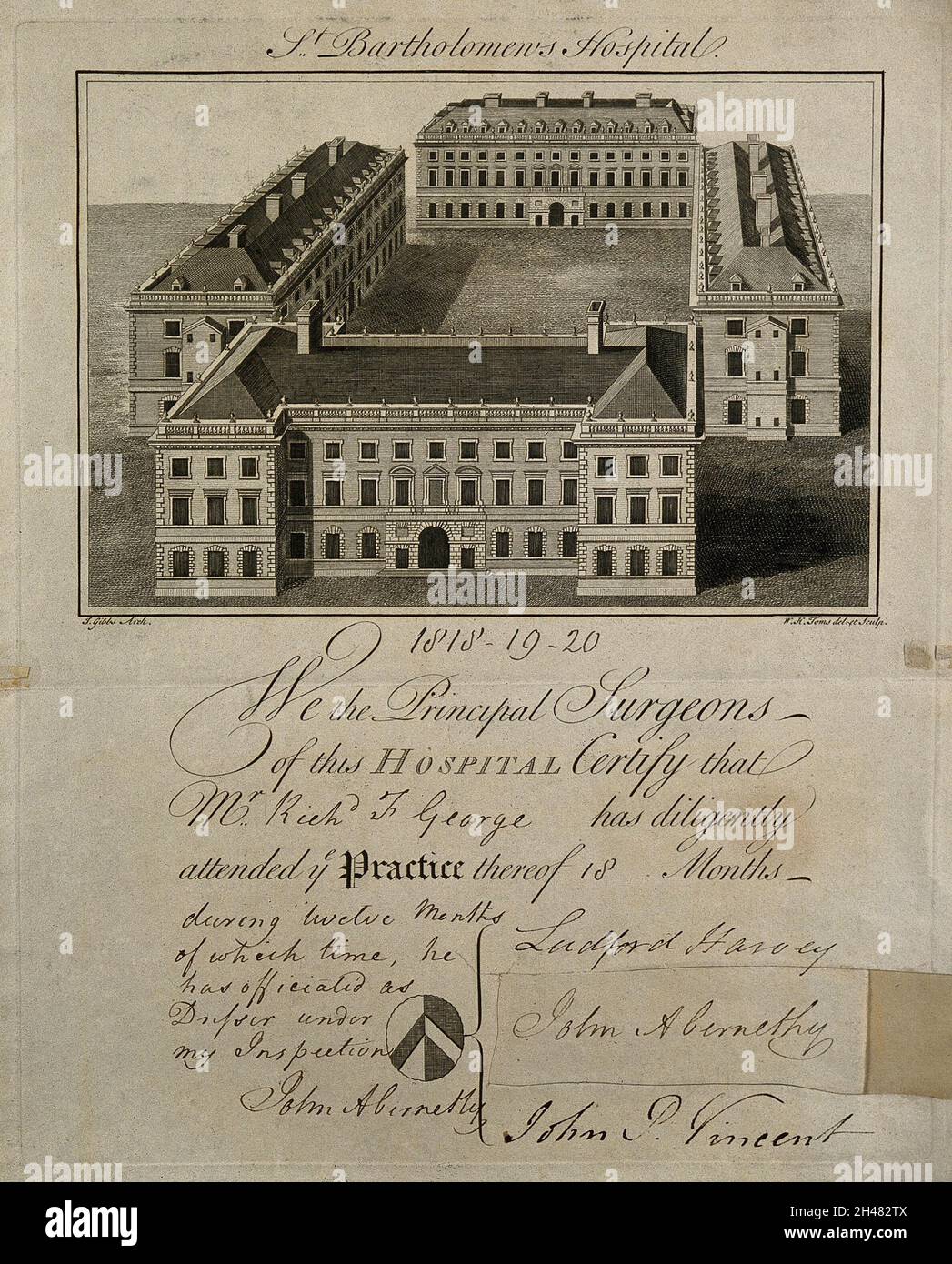 John Abernethy: La sua firma (con altri due) allegata ad una stampa del St. Bartolomeo's Hospital. Incisione di W.H. Toms dopo se stesso. Foto Stock