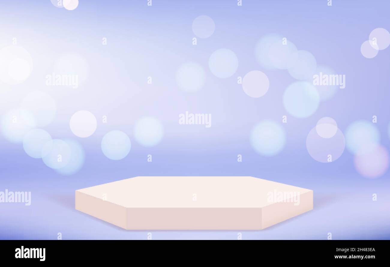Modello per podio bianco. Effetto sfocatura, piedistallo bianco 3d su sfondo vettoriale pastello blu Illustrazione Vettoriale