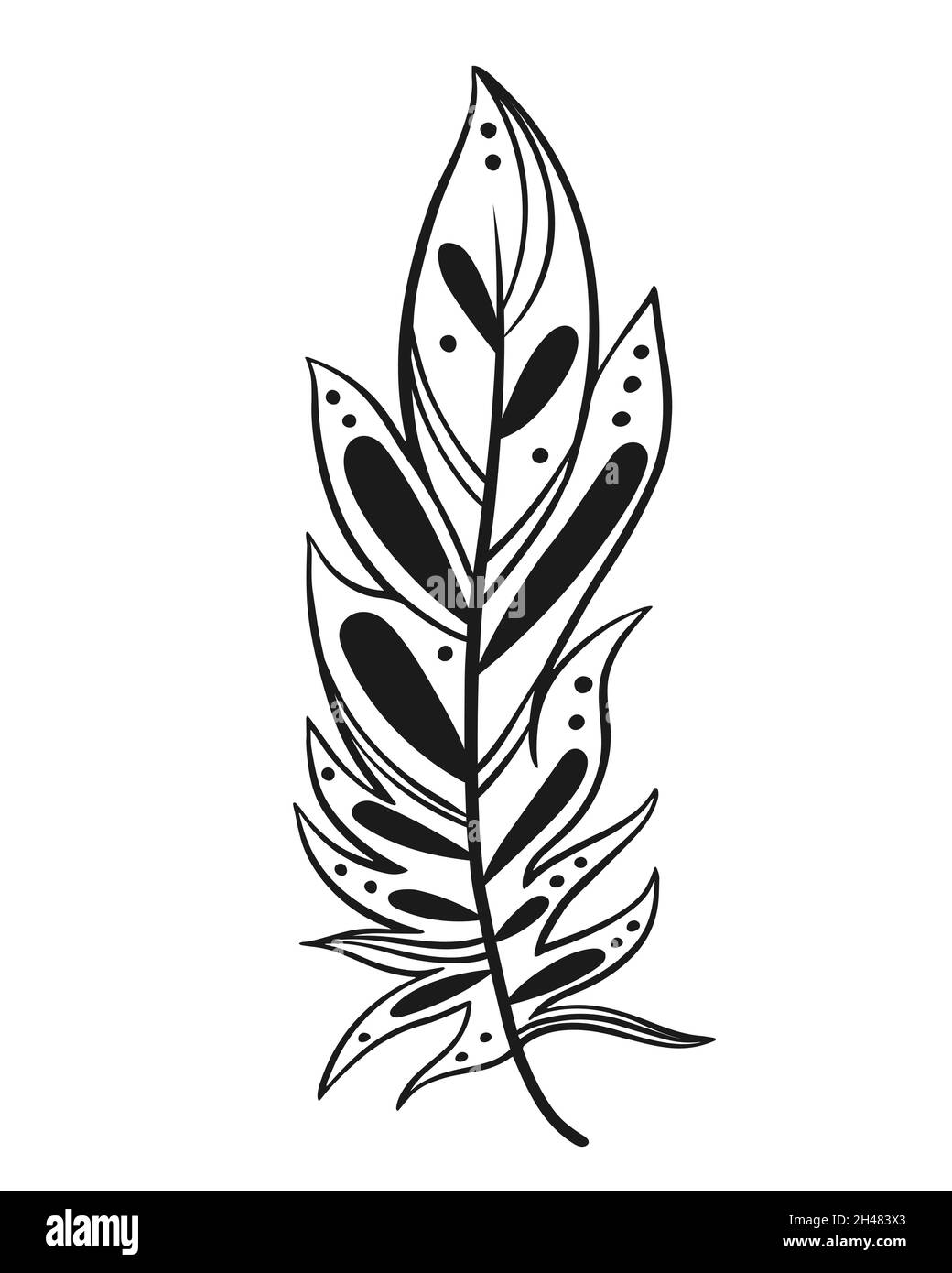 Piuma d'uccello decorata con motivi ed elementi, illustrazione vettoriale. Illustrazione Vettoriale