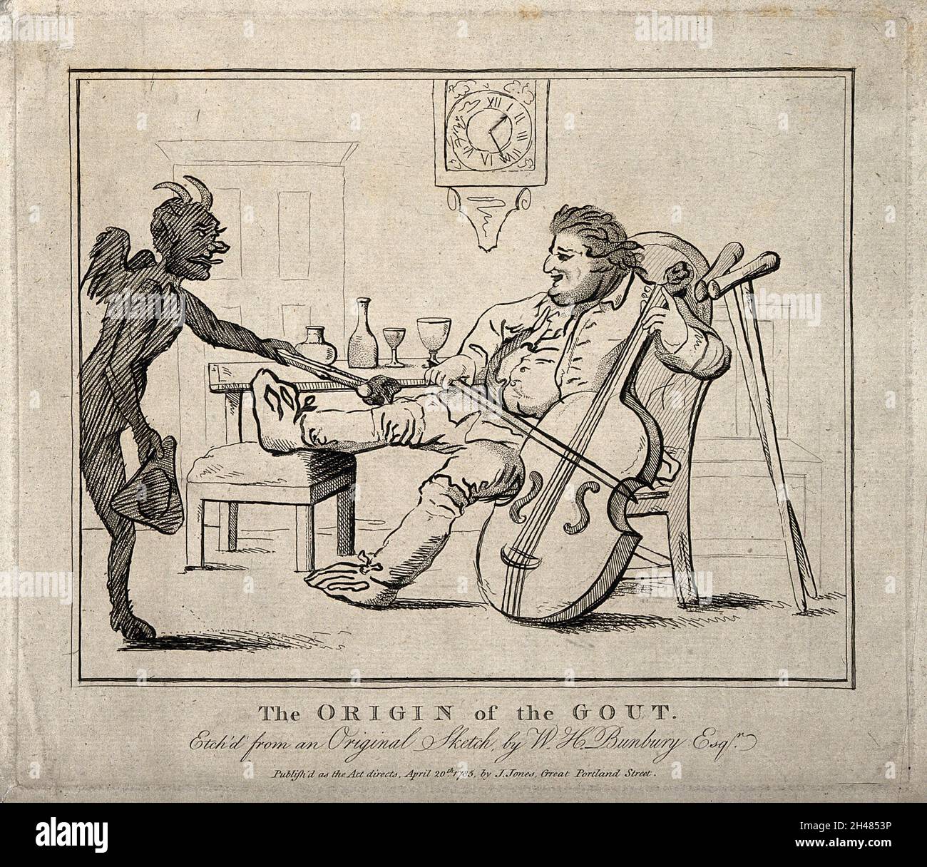 Un uomo gottoso che beve vino e suona il violoncello; il dolore è rappresentato da un diavolo che brucia il ginocchio. Etching, 1785, dopo H.W. Bunbury. Foto Stock